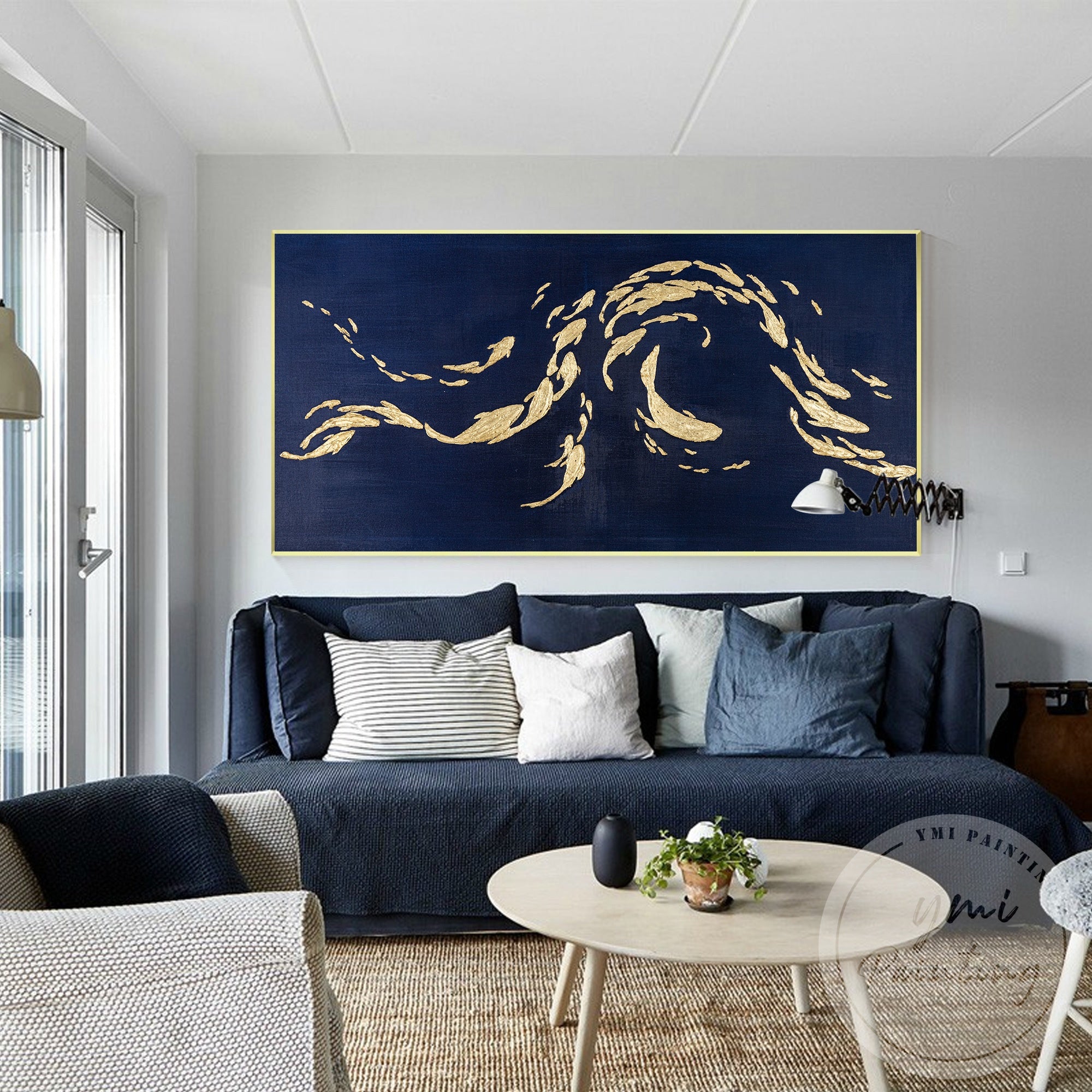 Large framed fish painting for modern coastal home decor