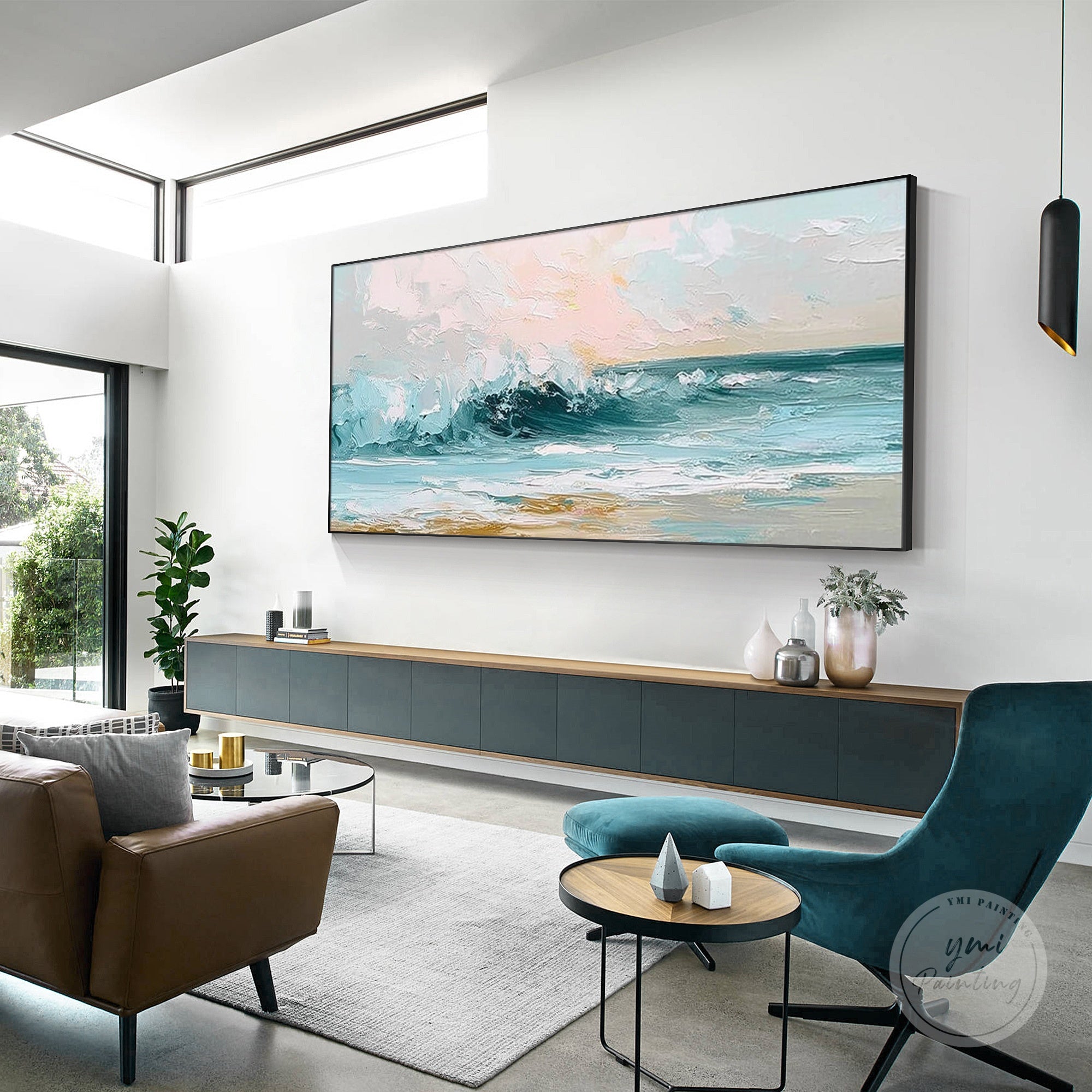 Handcrafted ocean wall art with rich blue tones and intricate wave details.