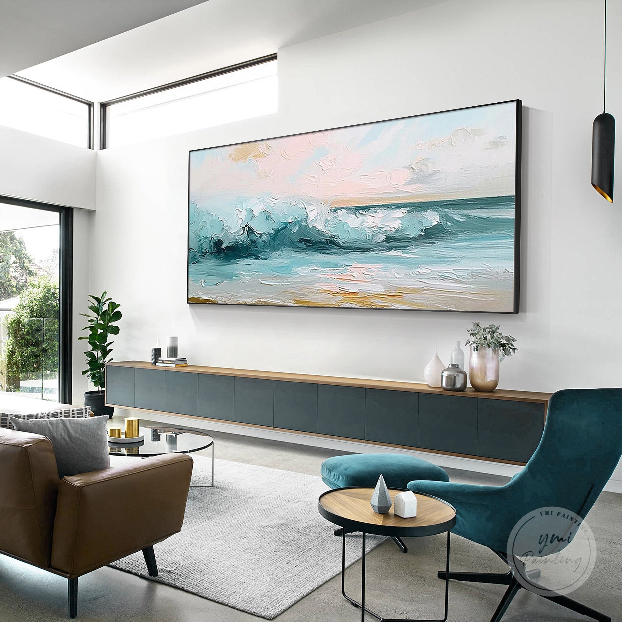 Dramatic ocean scene with vibrant blue waves, perfect for beach and coastal decor.