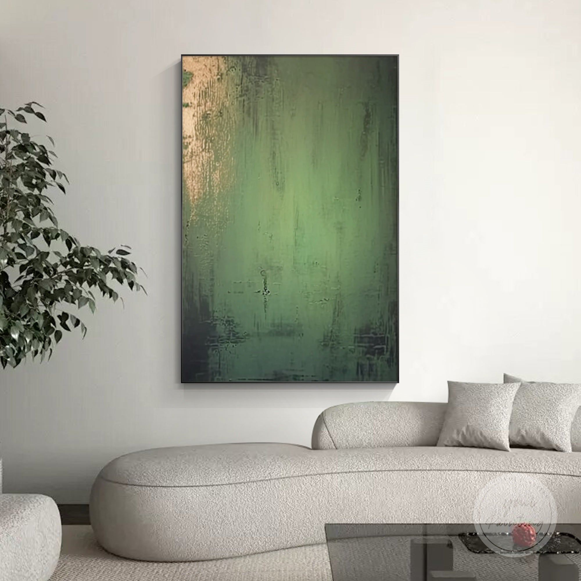 Abstract green gold painting with vibrant textures