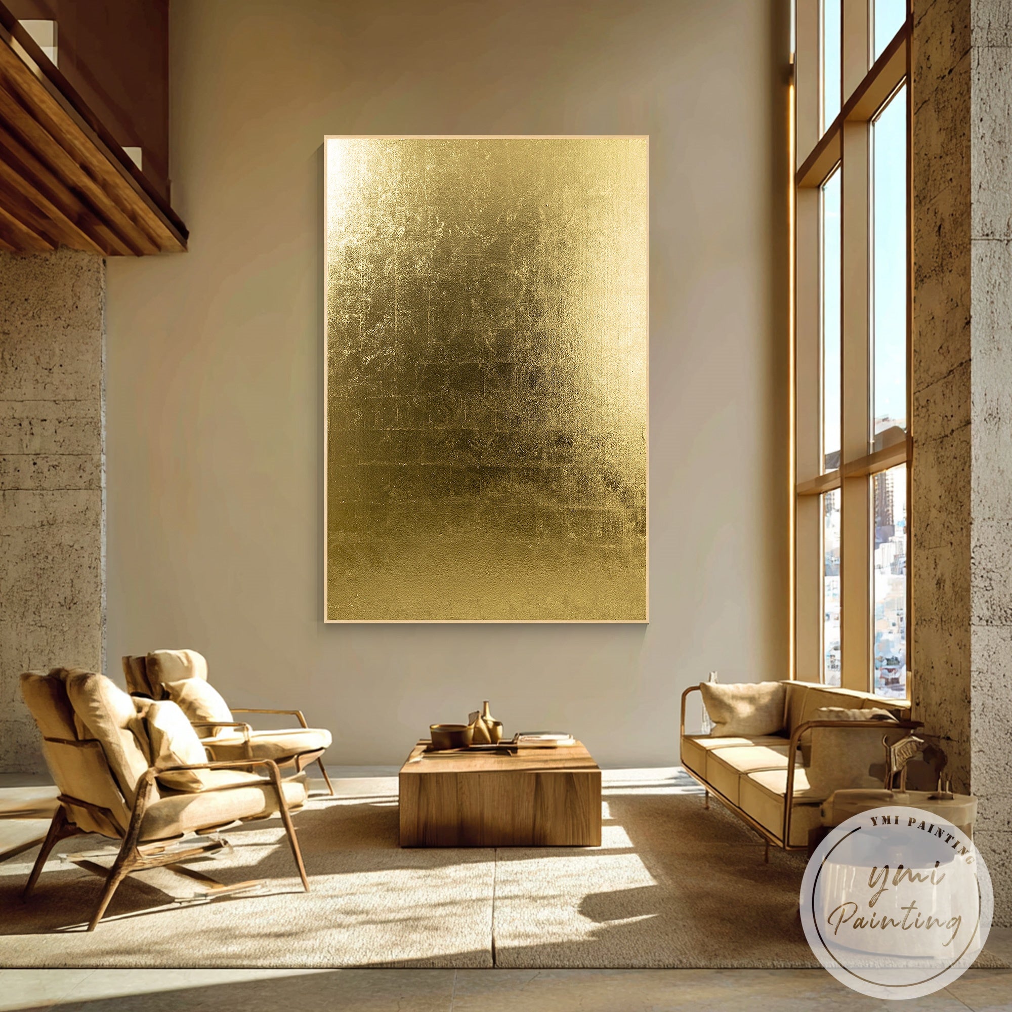 Large vertical abstract painting with gold foil accents design