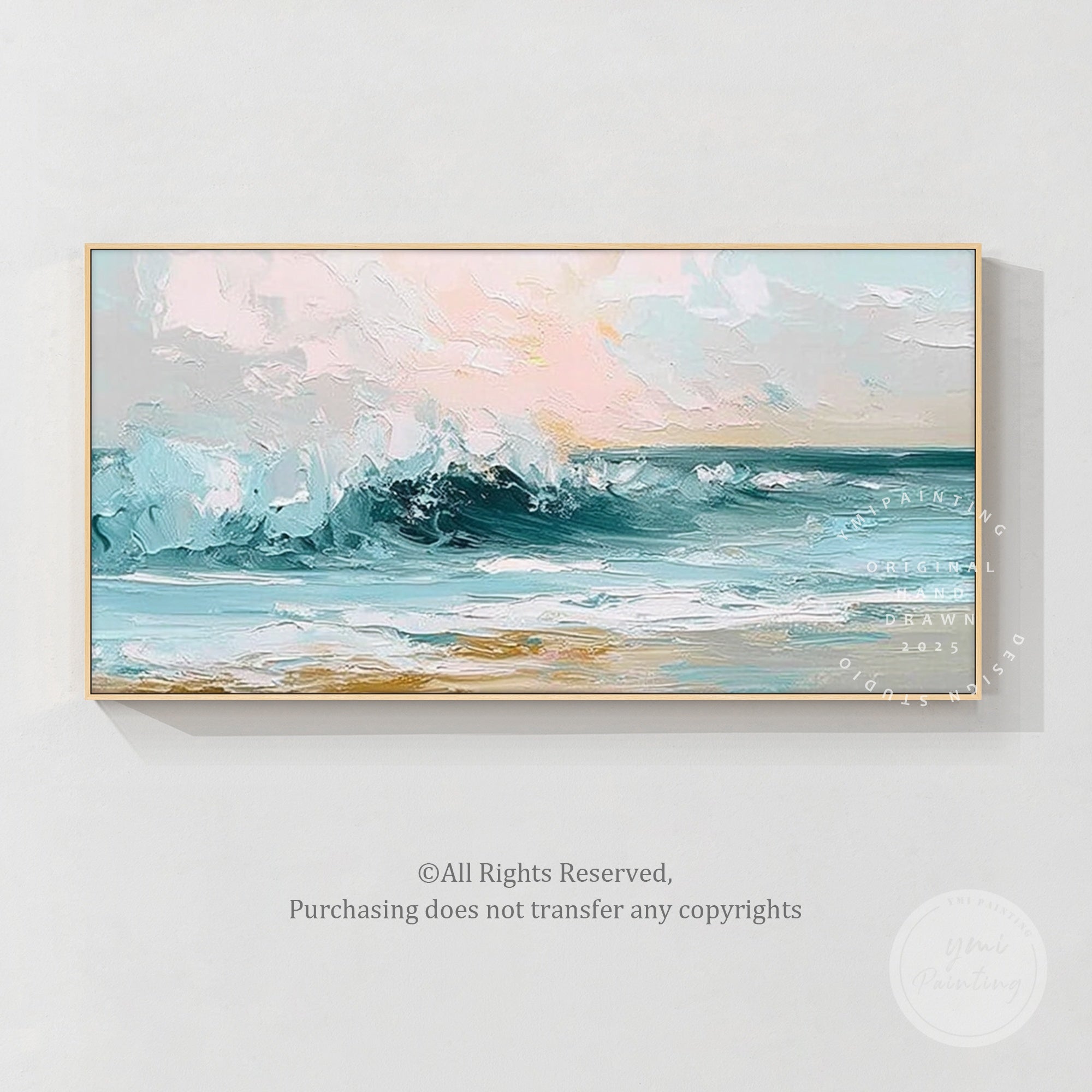 Abstract ocean painting featuring large blue waves and textured brushstrokes.