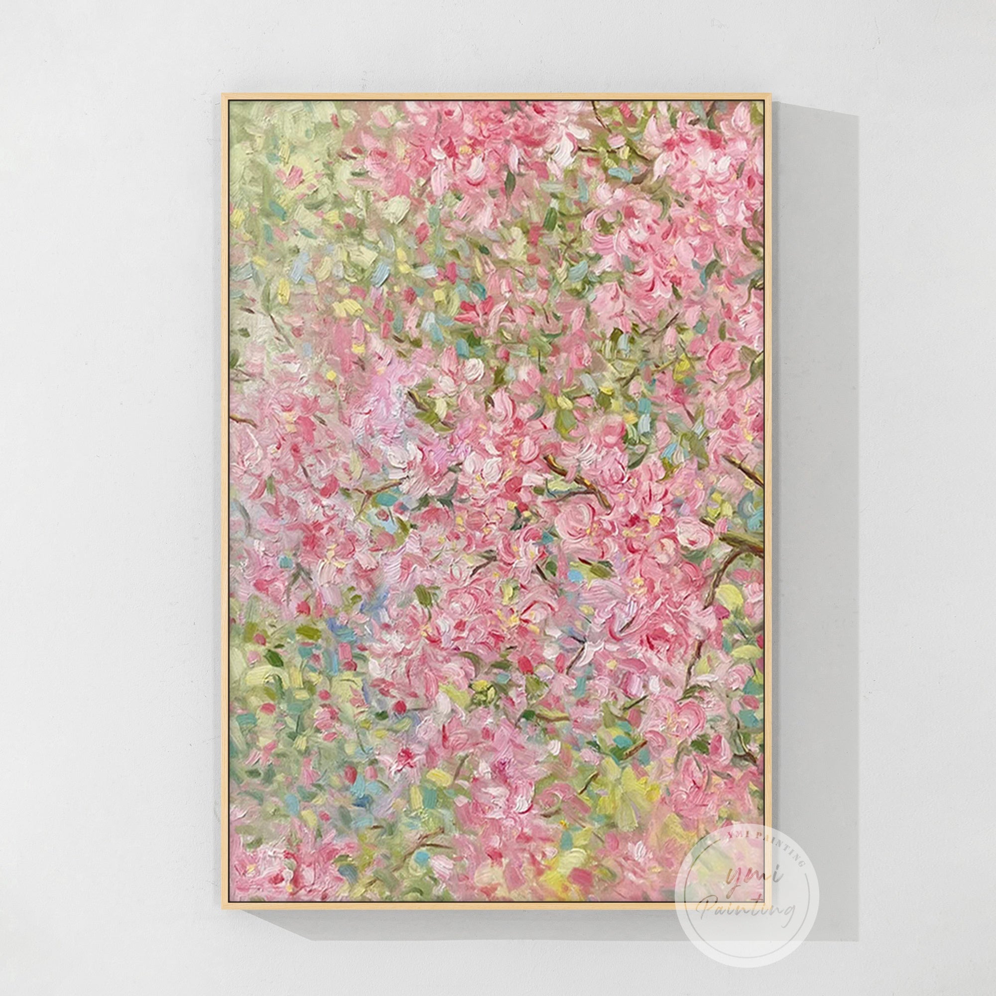 Large floral oil painting in pink and green tones, perfect for spring-inspired interiors.