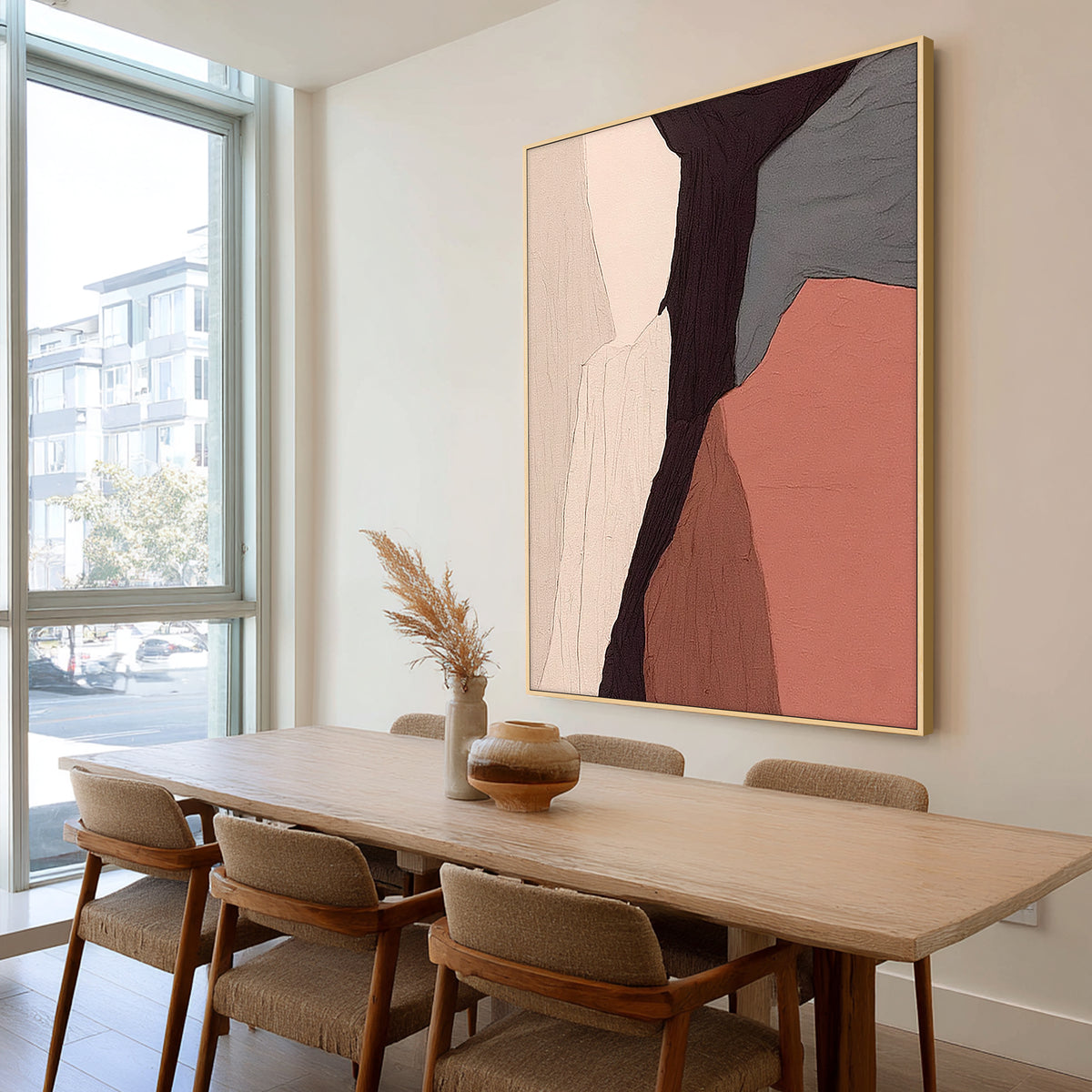 Hand-painted earth tone abstract painting in cream, chocolate brown and gray