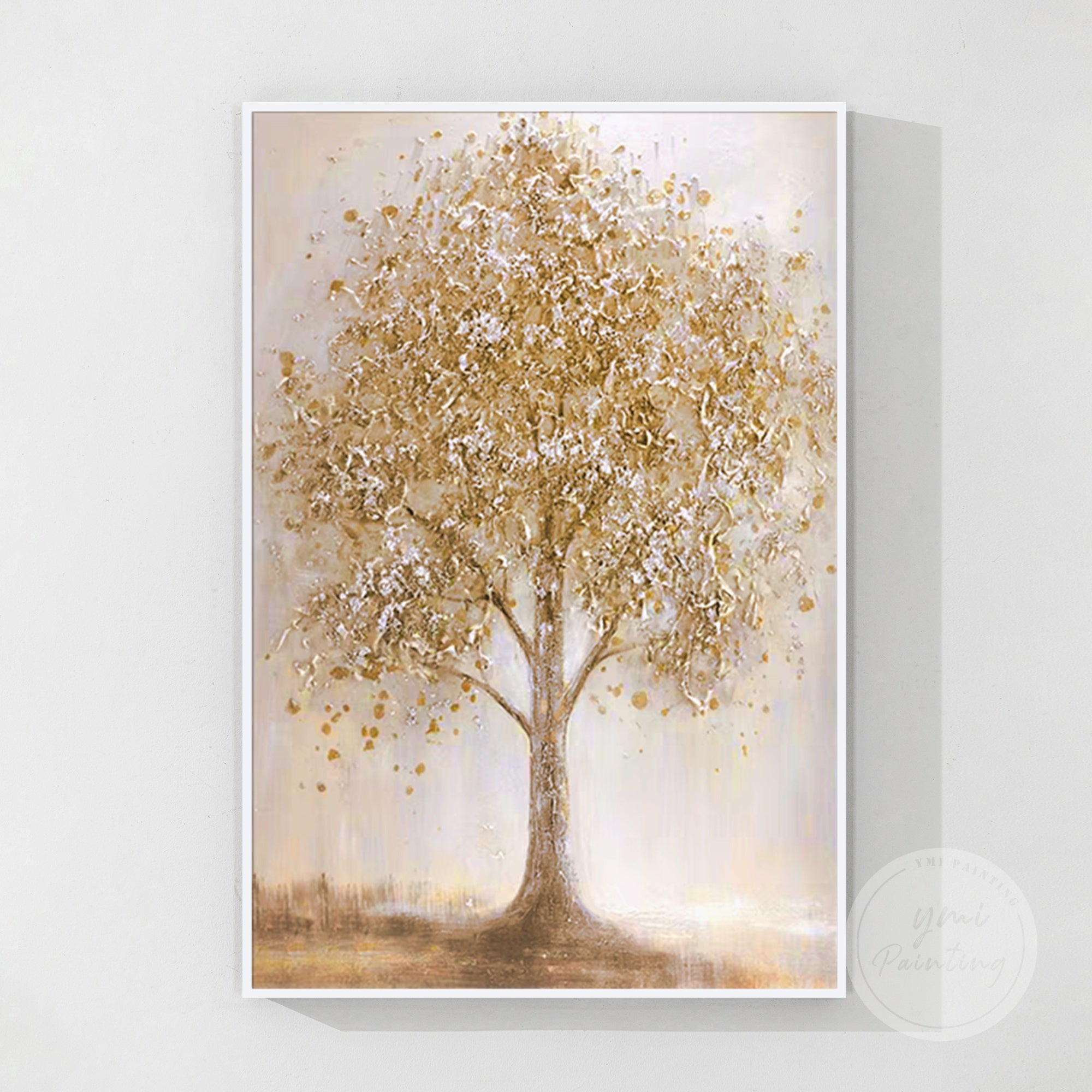 Earthy landscape canvas with a tree line and riverbank in caramel hues.
