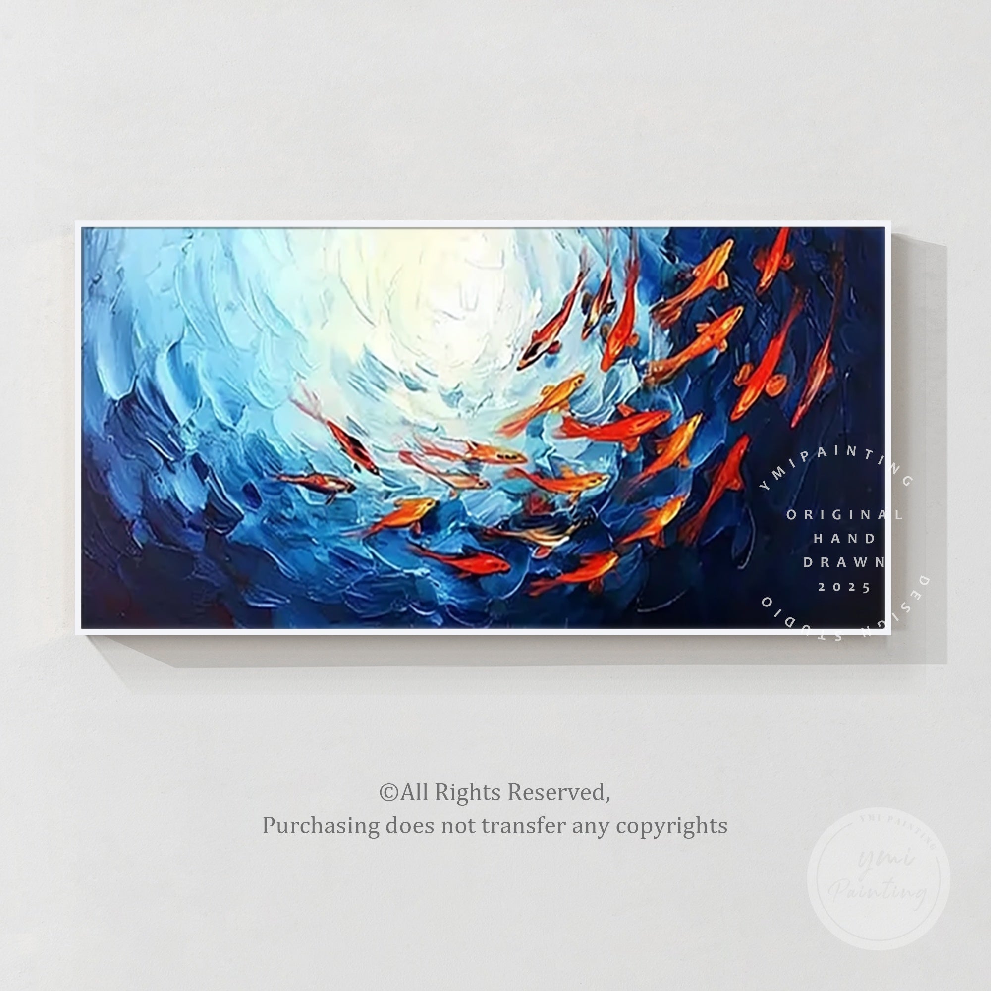 Handcrafted red fish painting on a deep navy ocean background for dramatic decor.