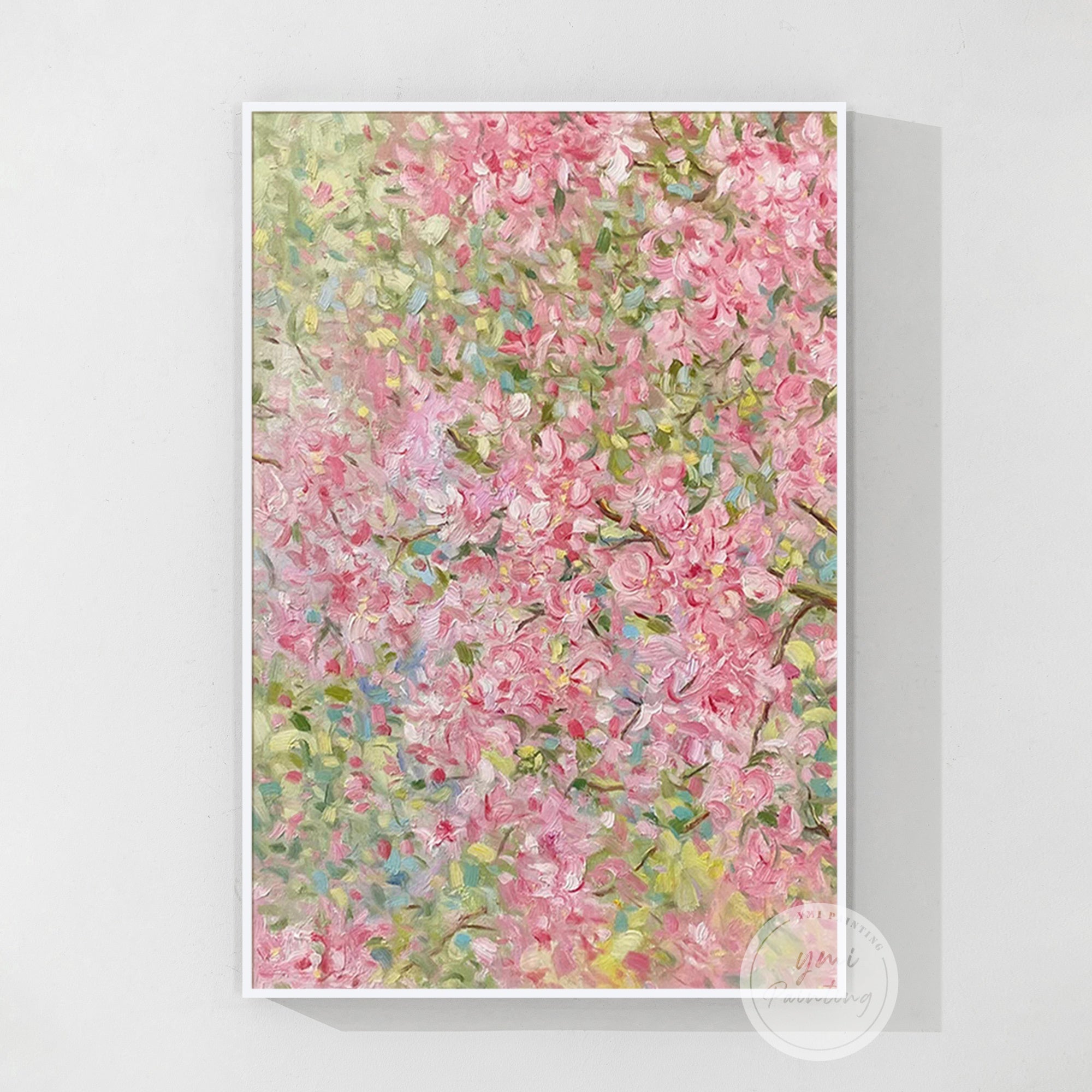 
Large canvas art with floral details, painted in a soothing pastel palette.
