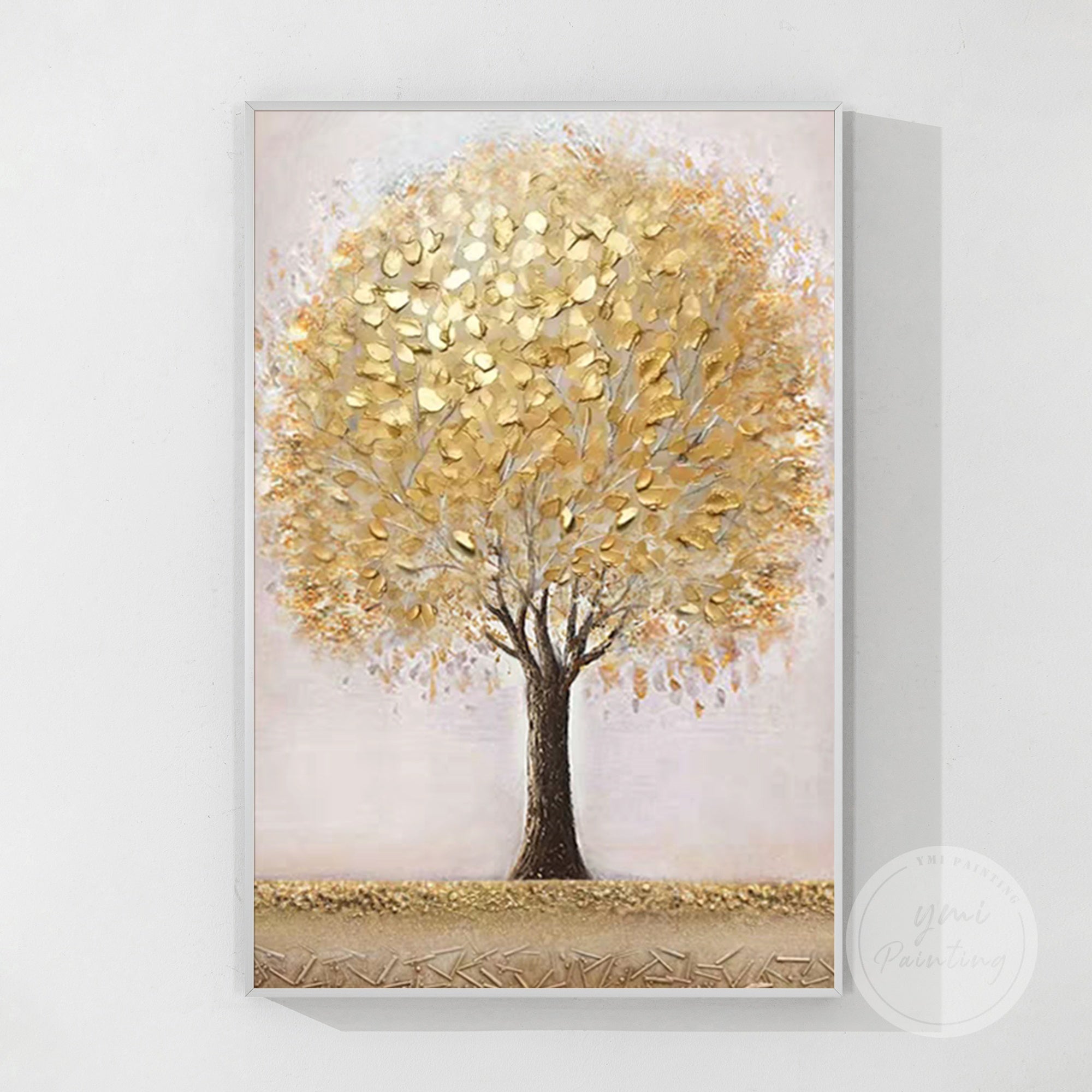 Contemporary gold tree on soft pastel pink canvas