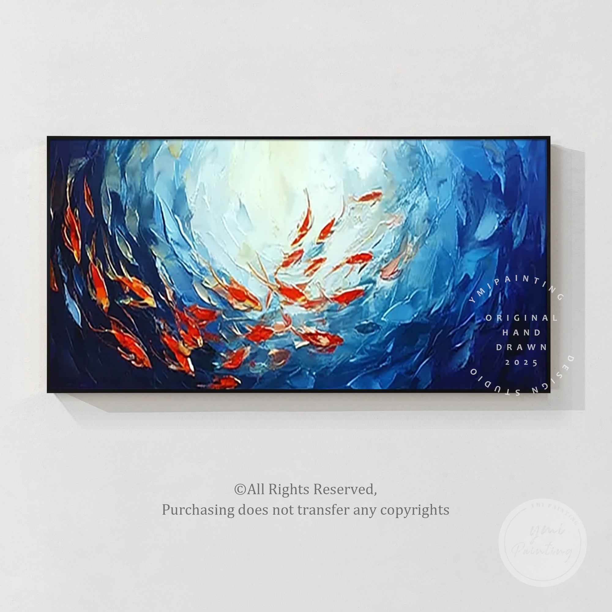Colorful red school of fish on a navy blue ocean background for a nautical home style.