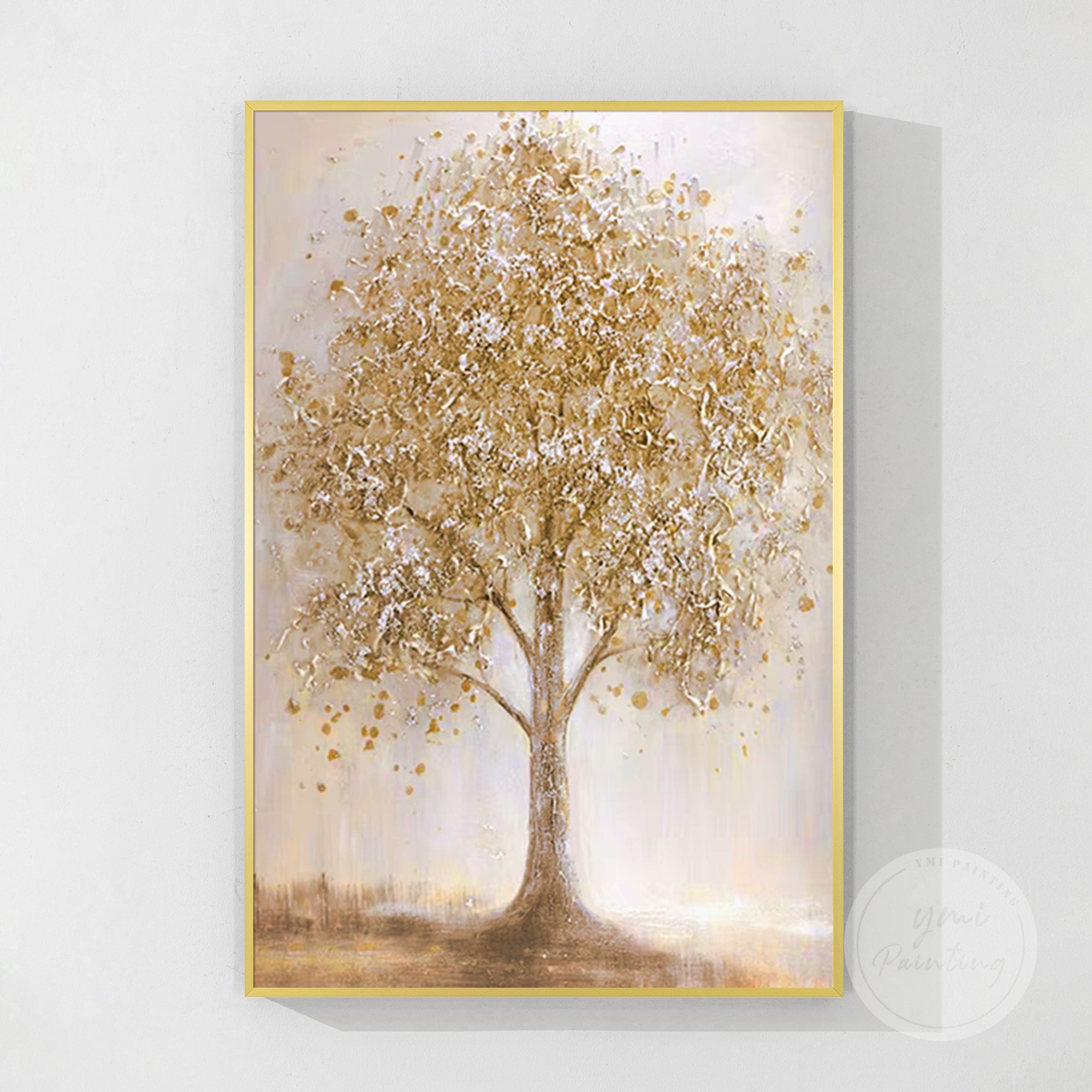 Neutral nature painting with golden brown trees and a calming stream.
