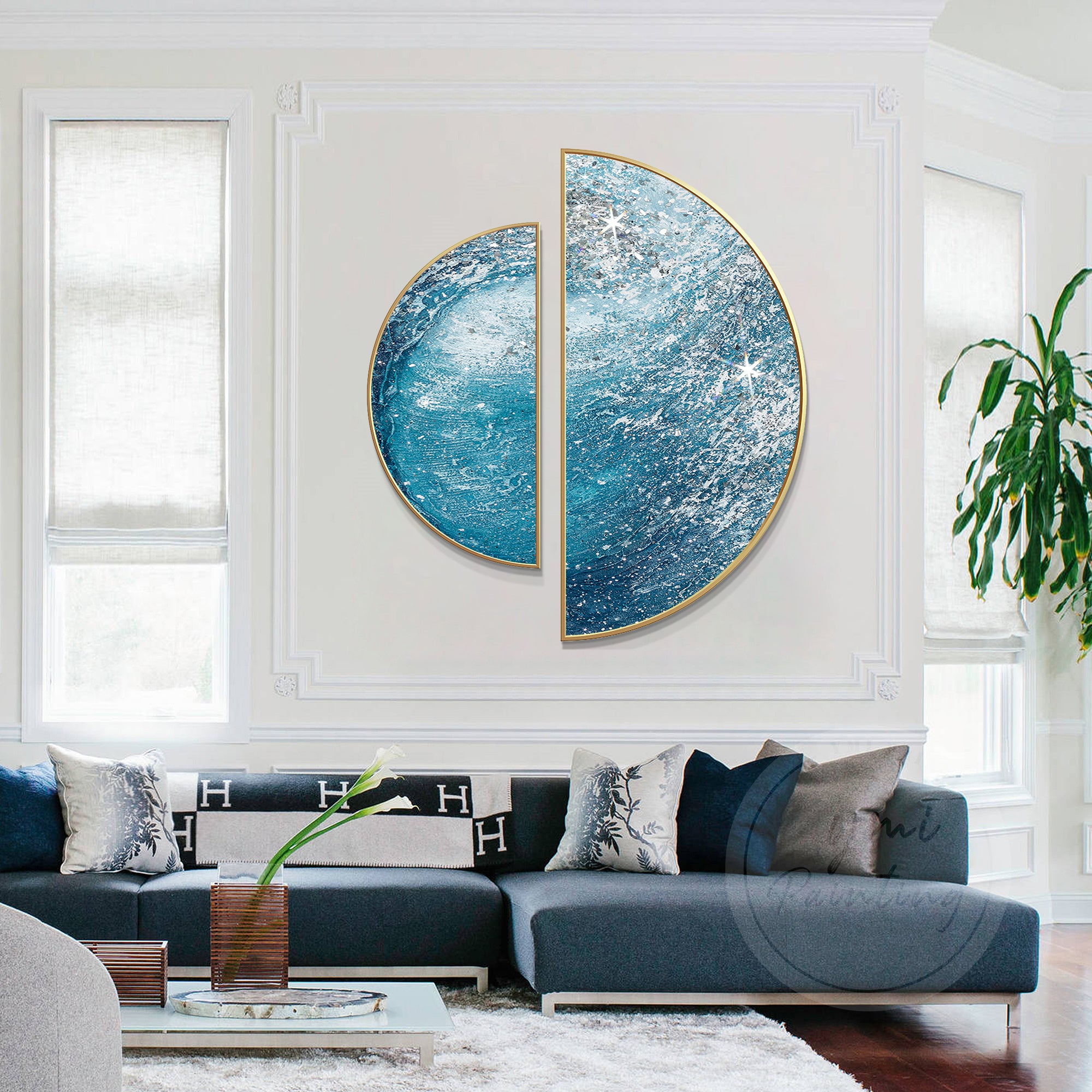 Teal and  Navy Blue Abstract Wall Art