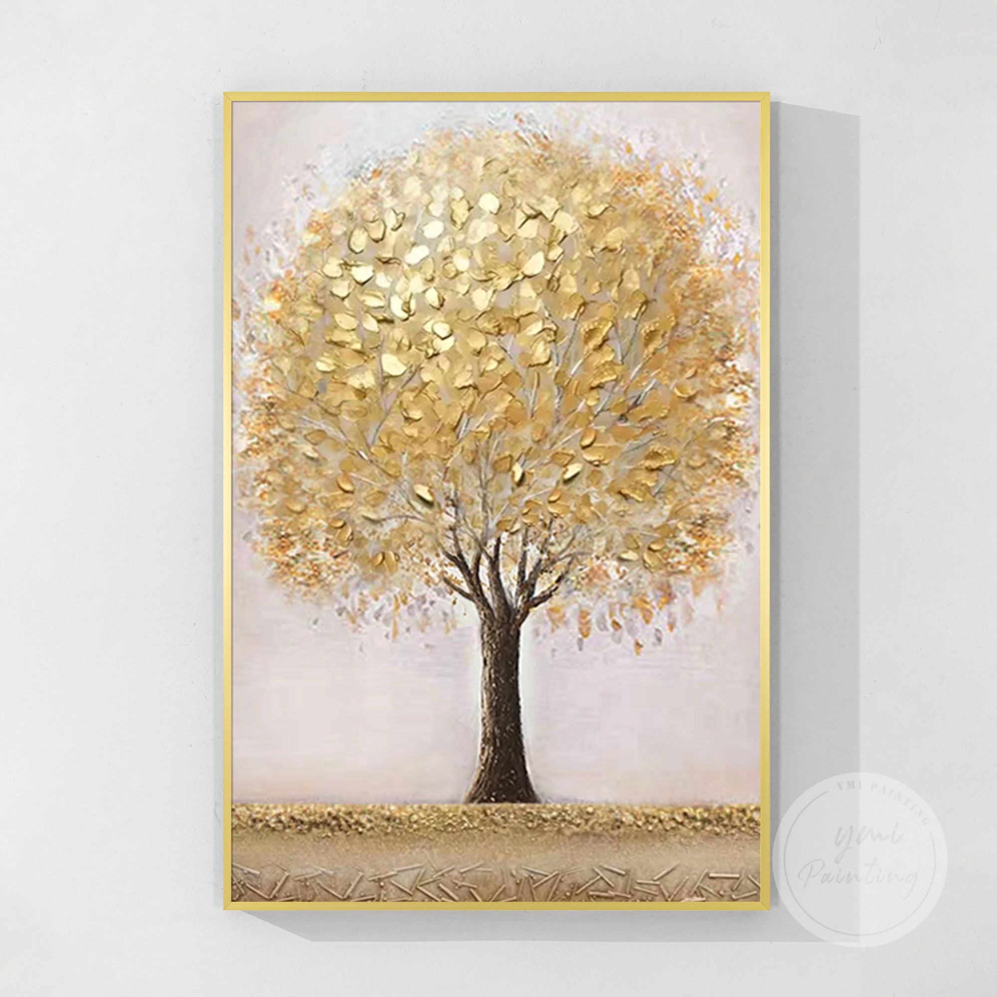 Luxurious pink and gold tree art with textured trunk