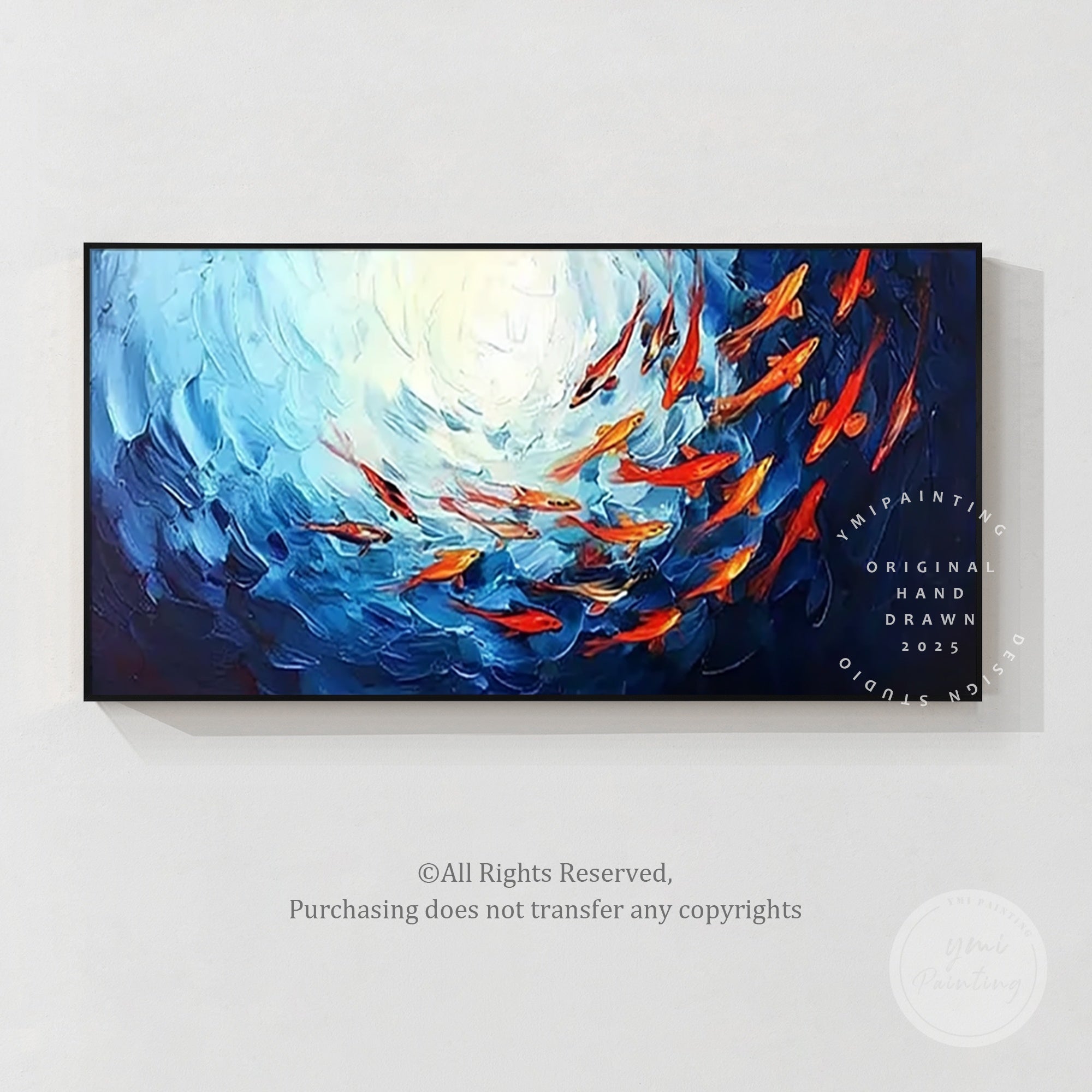Bold and dynamic red school of fish swimming through a navy blue ocean, creating a stunning focal point.