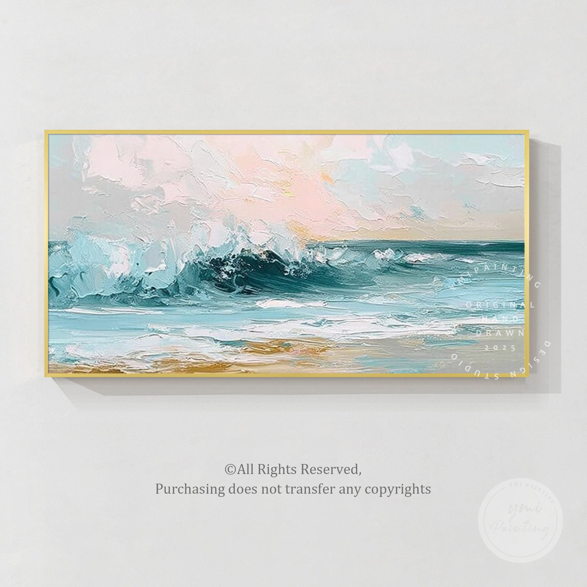 Hand-painted blue wave art with textured details, ideal for beach or nautical rooms.