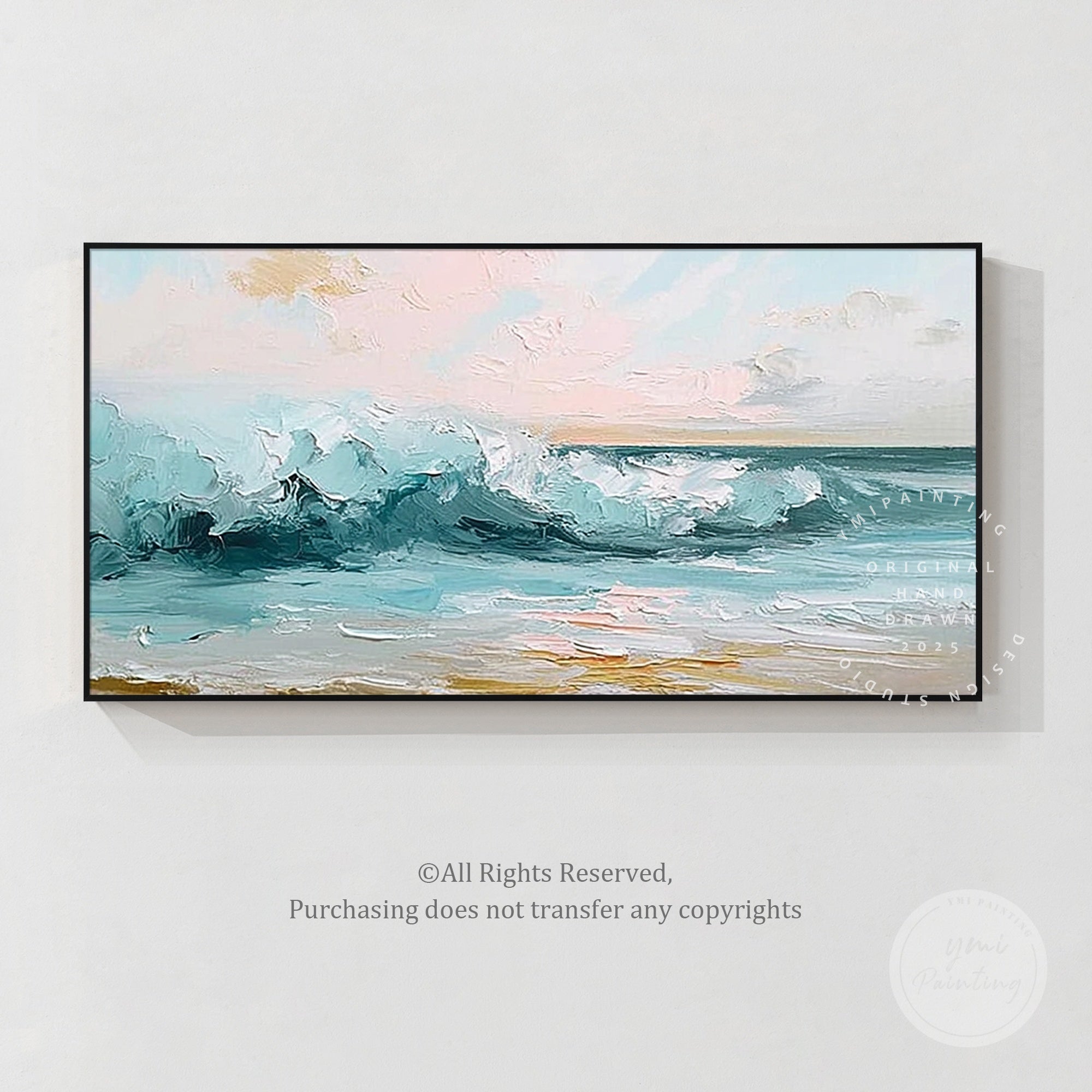 Hand-painted blue waves with layered textures, creating an oceanic masterpiece.