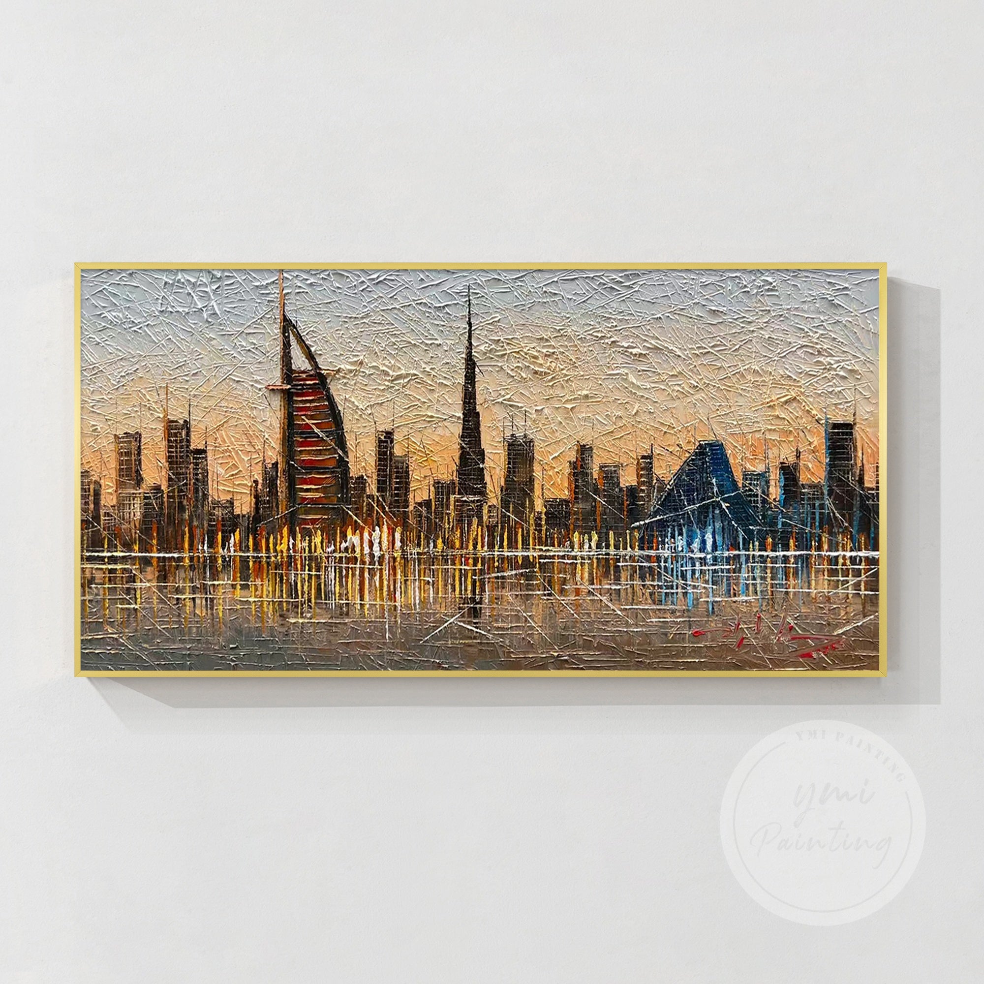 Stunning 3D textured painting of Dubai’s iconic skyline, showcasing Burj Khalifa and Al Fahidi Tower in a bold, contemporary design ideal for urban decor.
