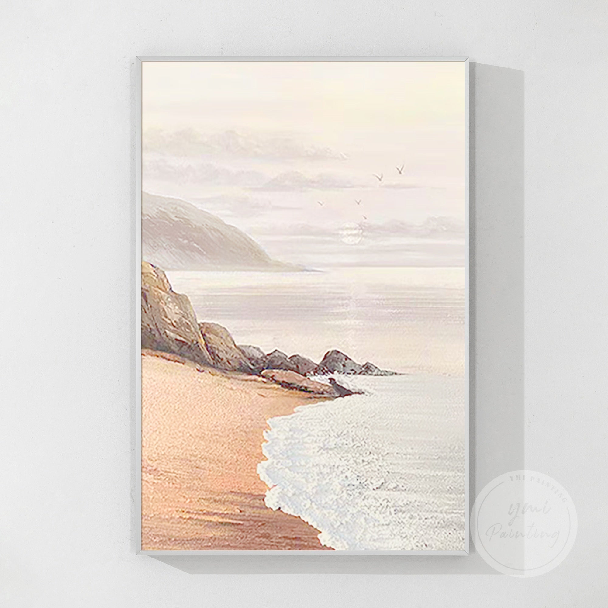 Textured acrylic seascape painting featuring sunrise over the ocean, soft pastel tones, and flying seagulls.