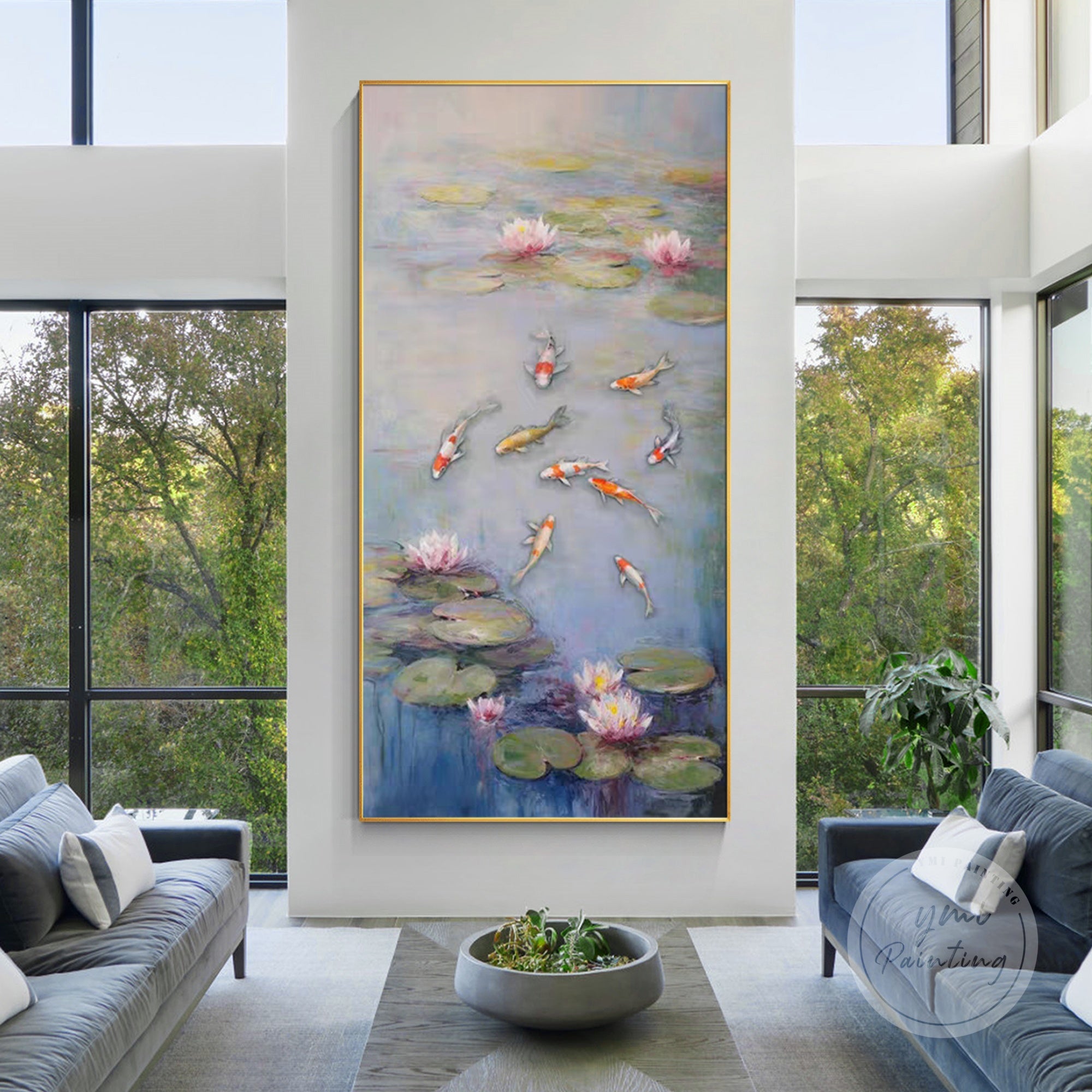 Feng shui-inspired lotus oil painting with 9 koi fish, symbolizing prosperity, luck, and balance in an impressionist style.