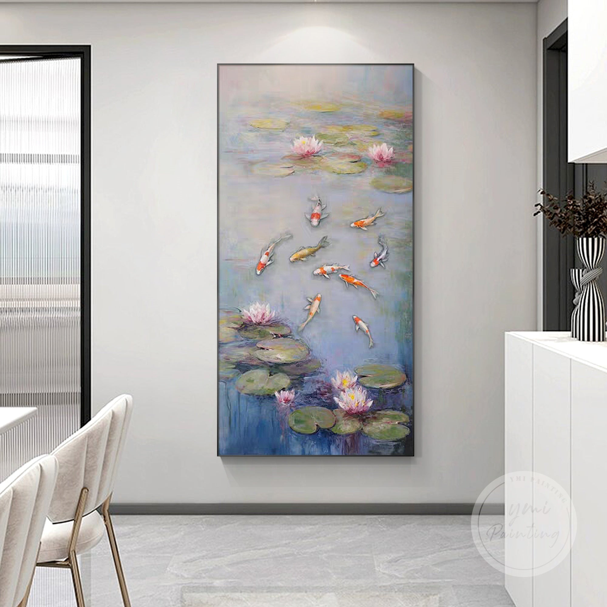 9 koi fish swimming in a lotus pond, an elegant oil painting perfect for enhancing your home with positive energy and tranquility.
