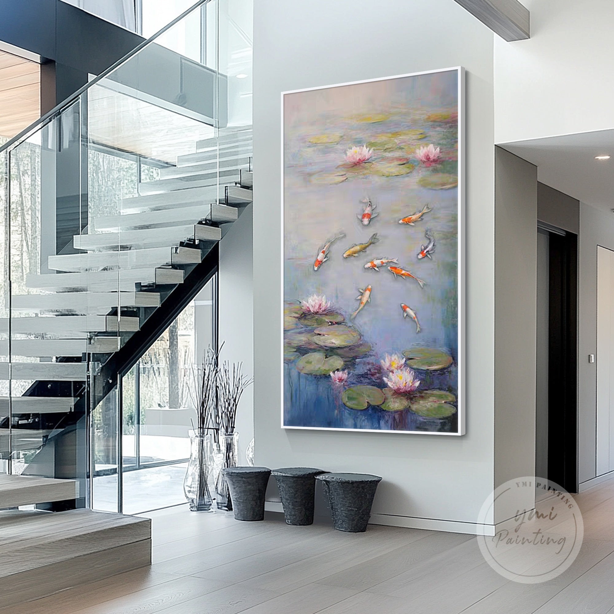 Impressionist-style painting of 9 koi fish and lotus flowers, a beautiful and meaningful feng shui wall art for your living room or office.