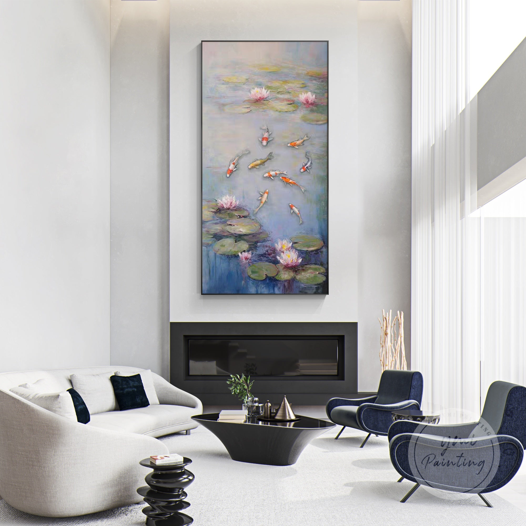 Large oil painting featuring vibrant lotus flowers and 9 koi fish, ideal for bringing good fortune and harmony into your home.