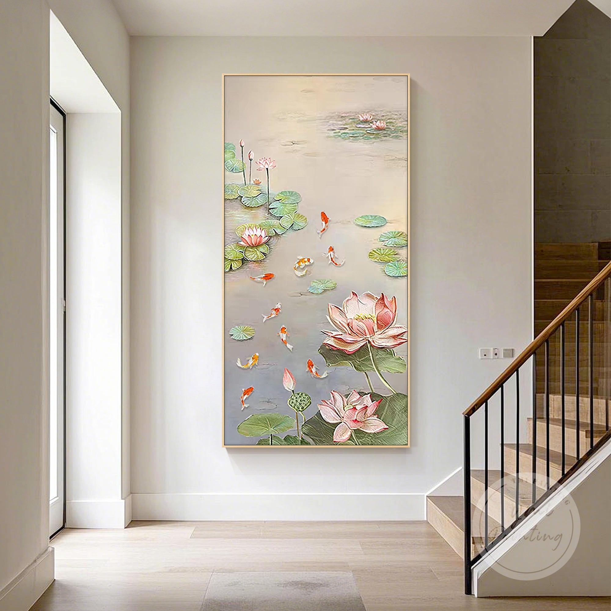 Stunning Lotus and 9 Koi Fish Oil Painting, a large-scale wall art featuring koi and lotus, ideal for creating a harmonious and prosperous atmosphere in your living space.