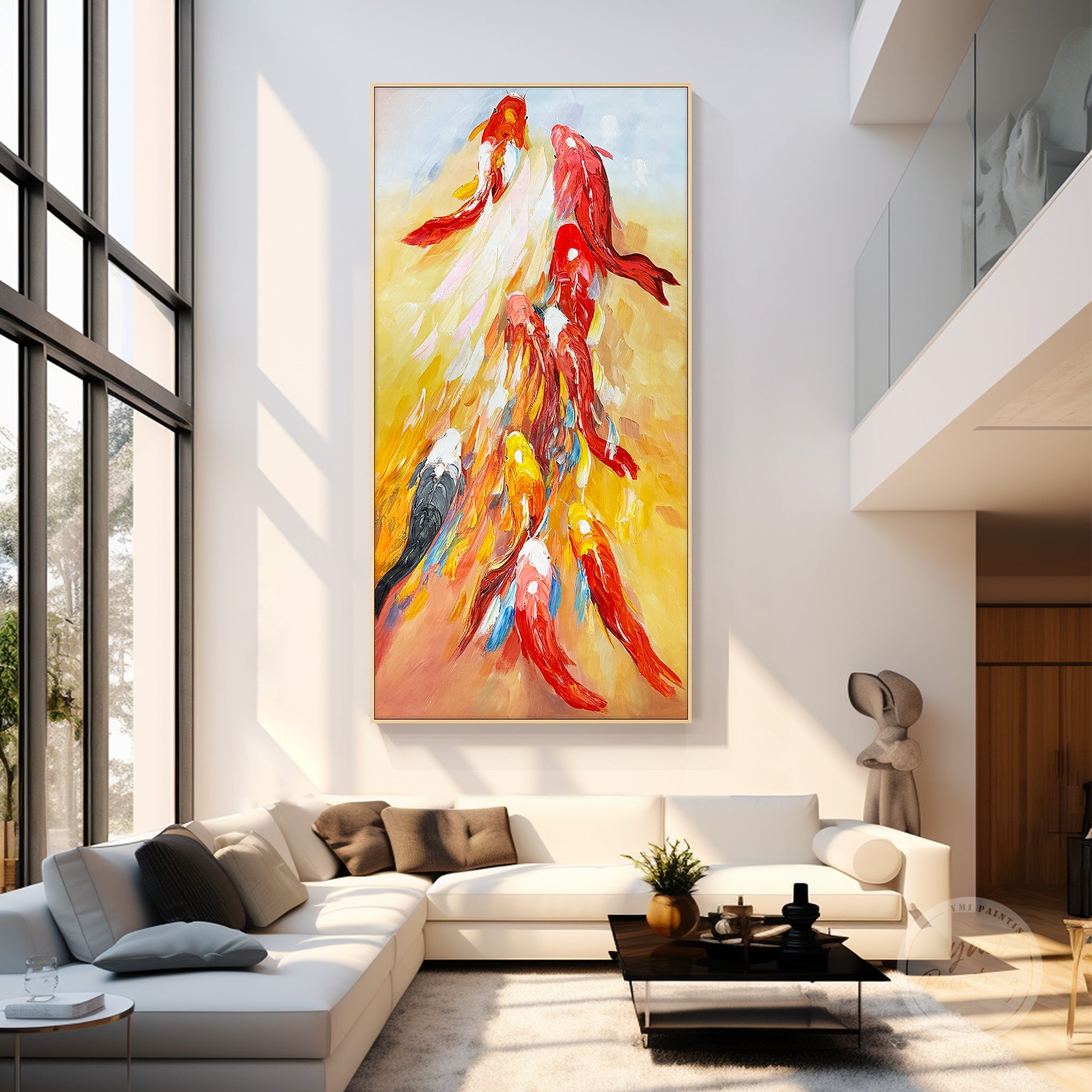 
Vertical koi fish oil painting hanging above a sofa, inspiring housewarming gift