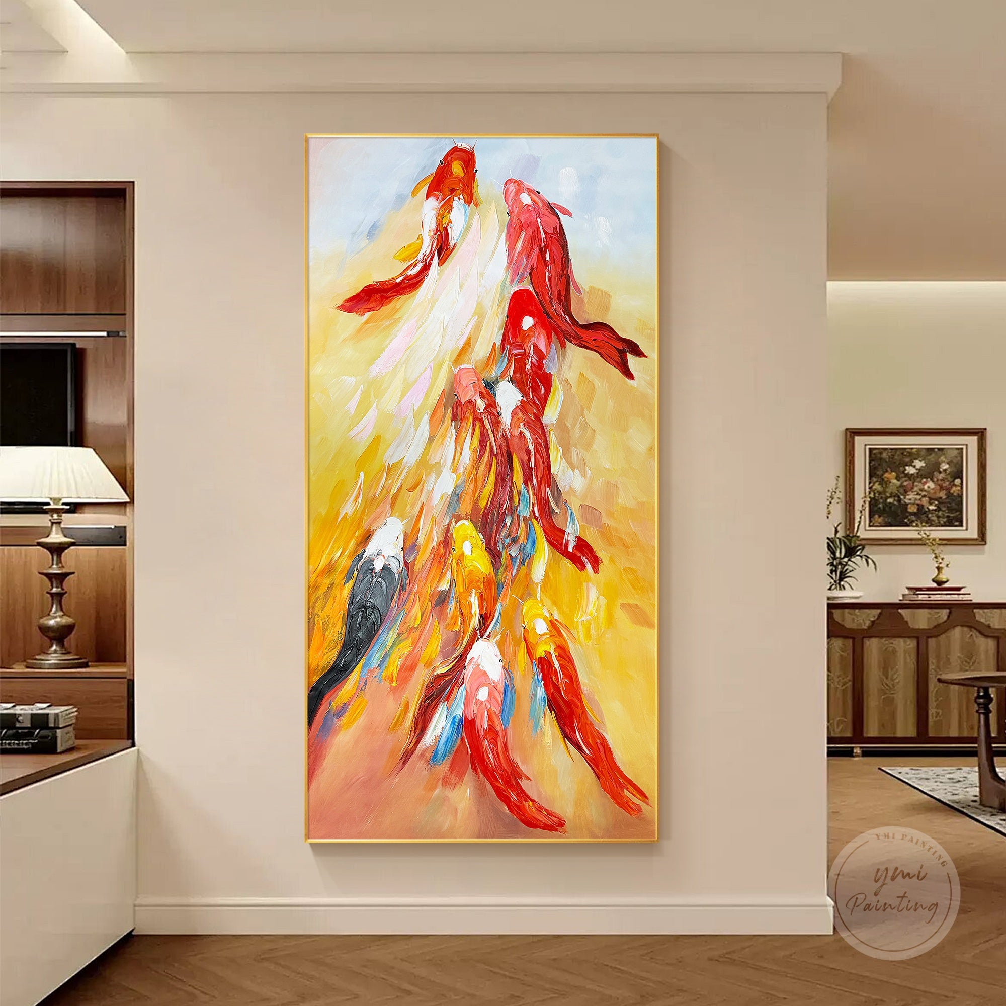 
Vertical koi fish wall art displayed in a creative studio, inspiring gift for artists
