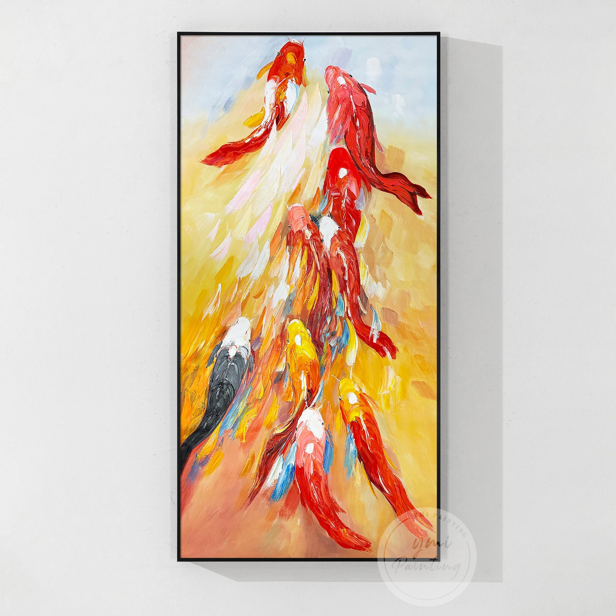 Abstract koi fish artwork displayed in a boutique hotel interior, symbolic gift for prosperity