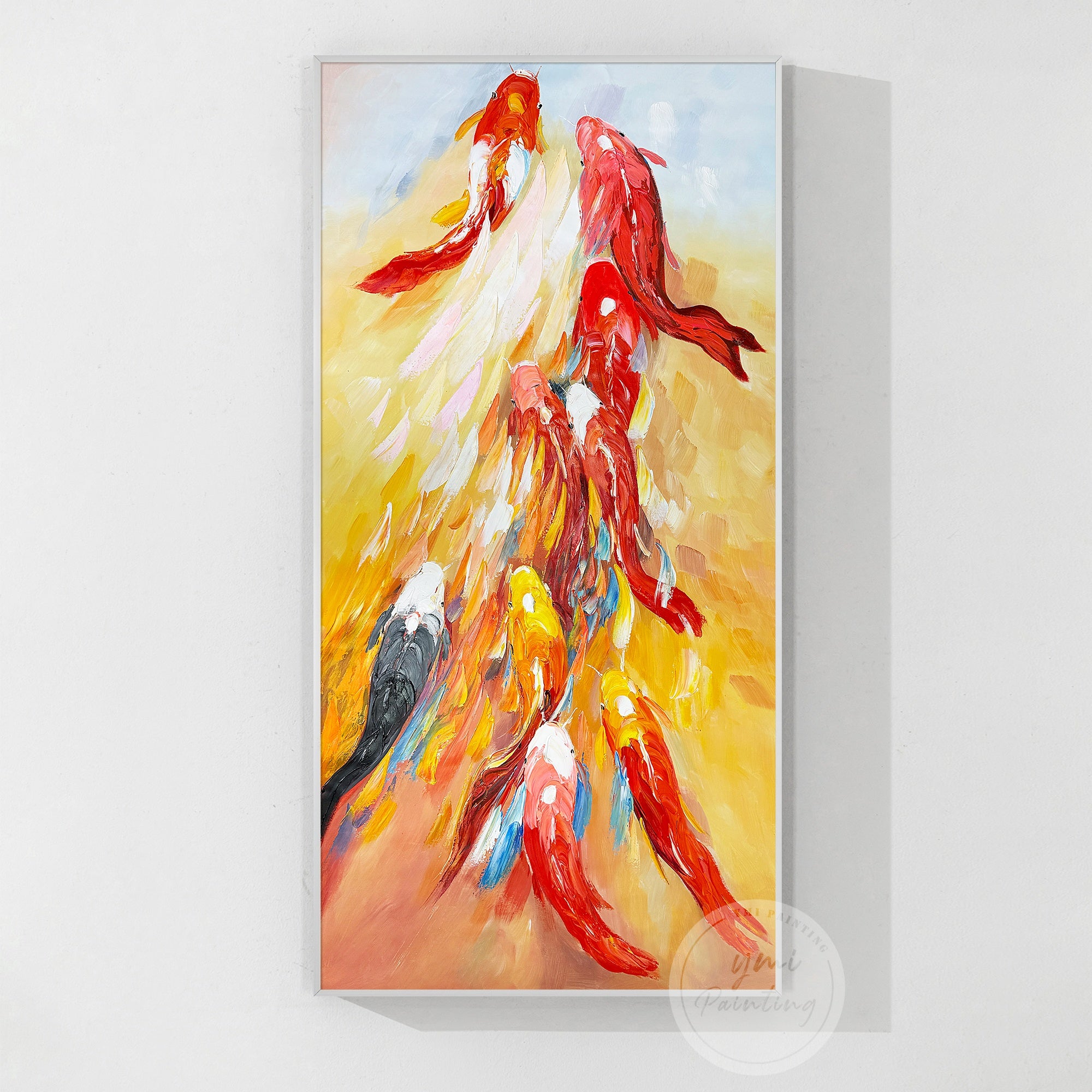 Dynamic koi fish wall art hanging in a home office, motivational gift for professionals