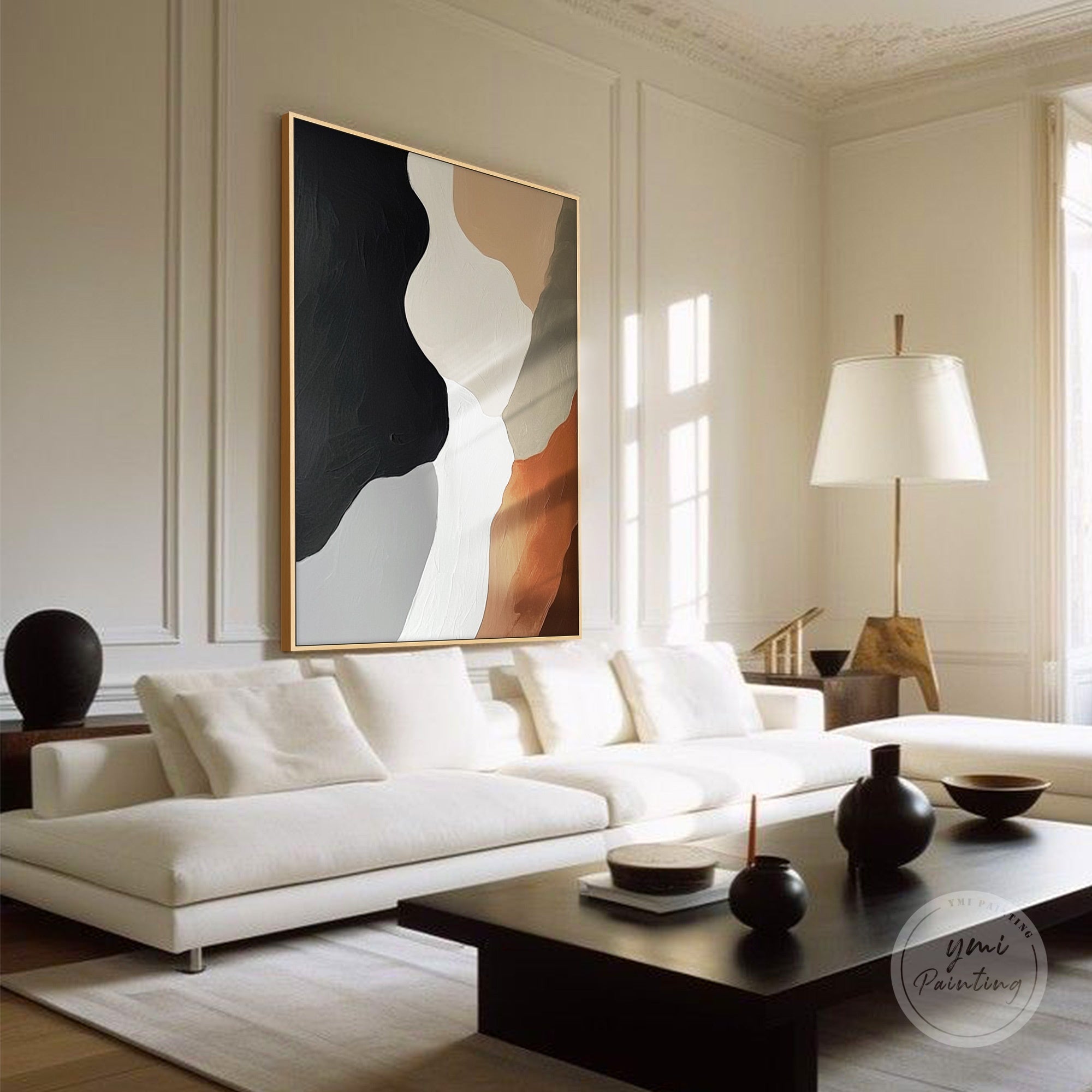 Contemporary abstract painting in soothing cream and taupe shades.