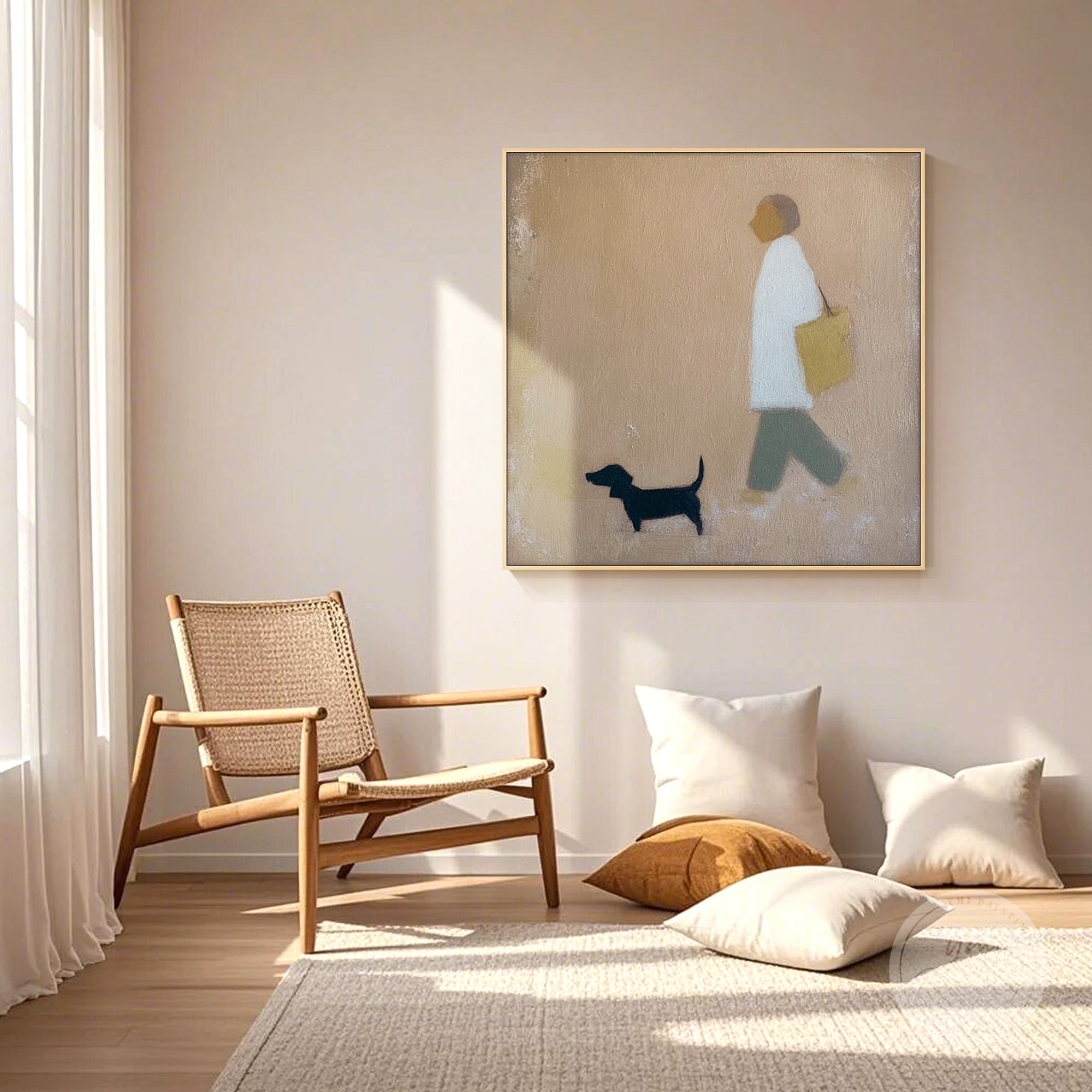 Hand-painted abstract puppy art on canvas, featuring neutral and minimalist tones.