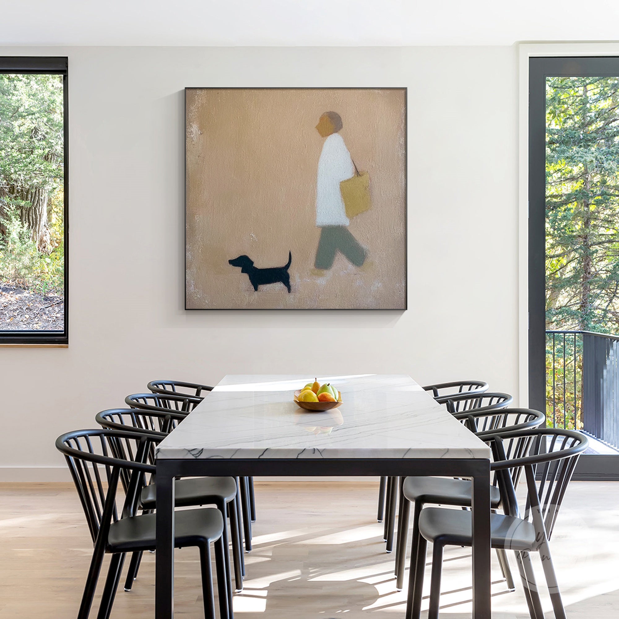 Handcrafted abstract puppy painting with brown and neutral tones, featuring rich textures.