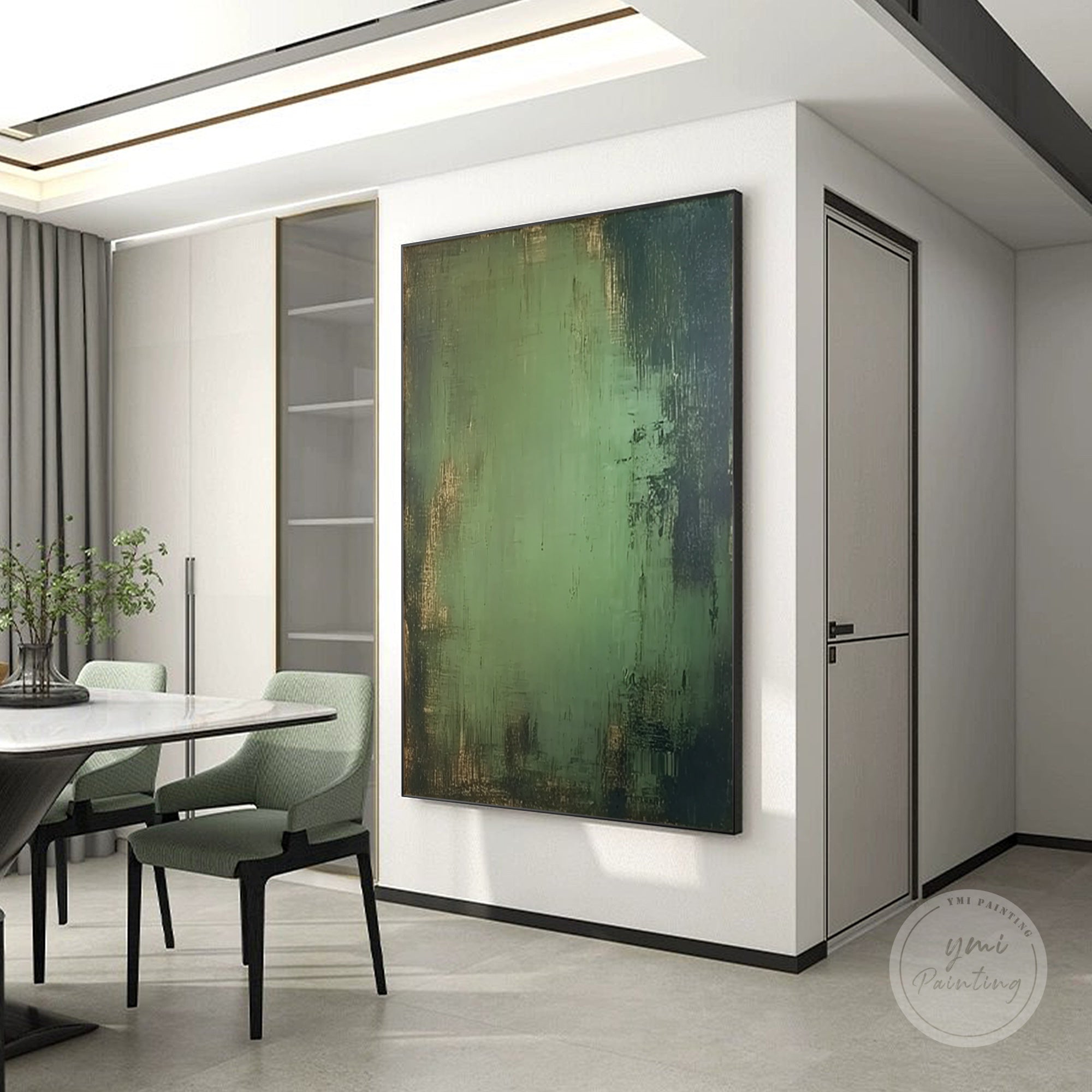 Green and gold abstract wall art with metallic accents