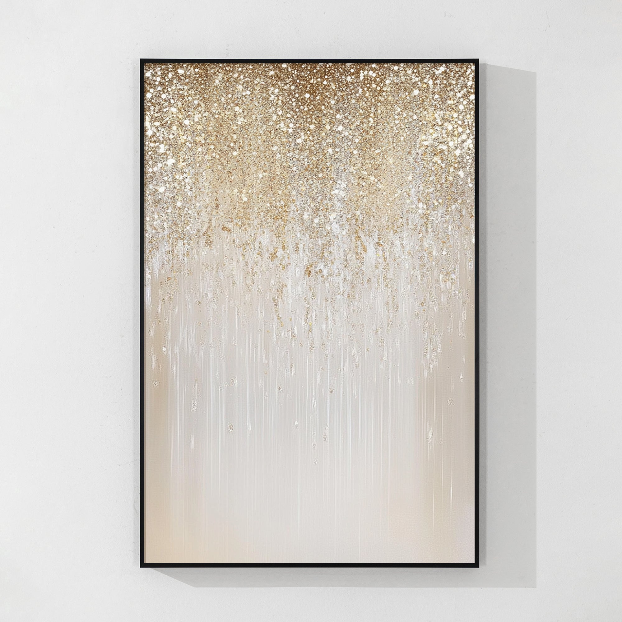 Luxury glitter wall art with beige and gold shimmering textures.