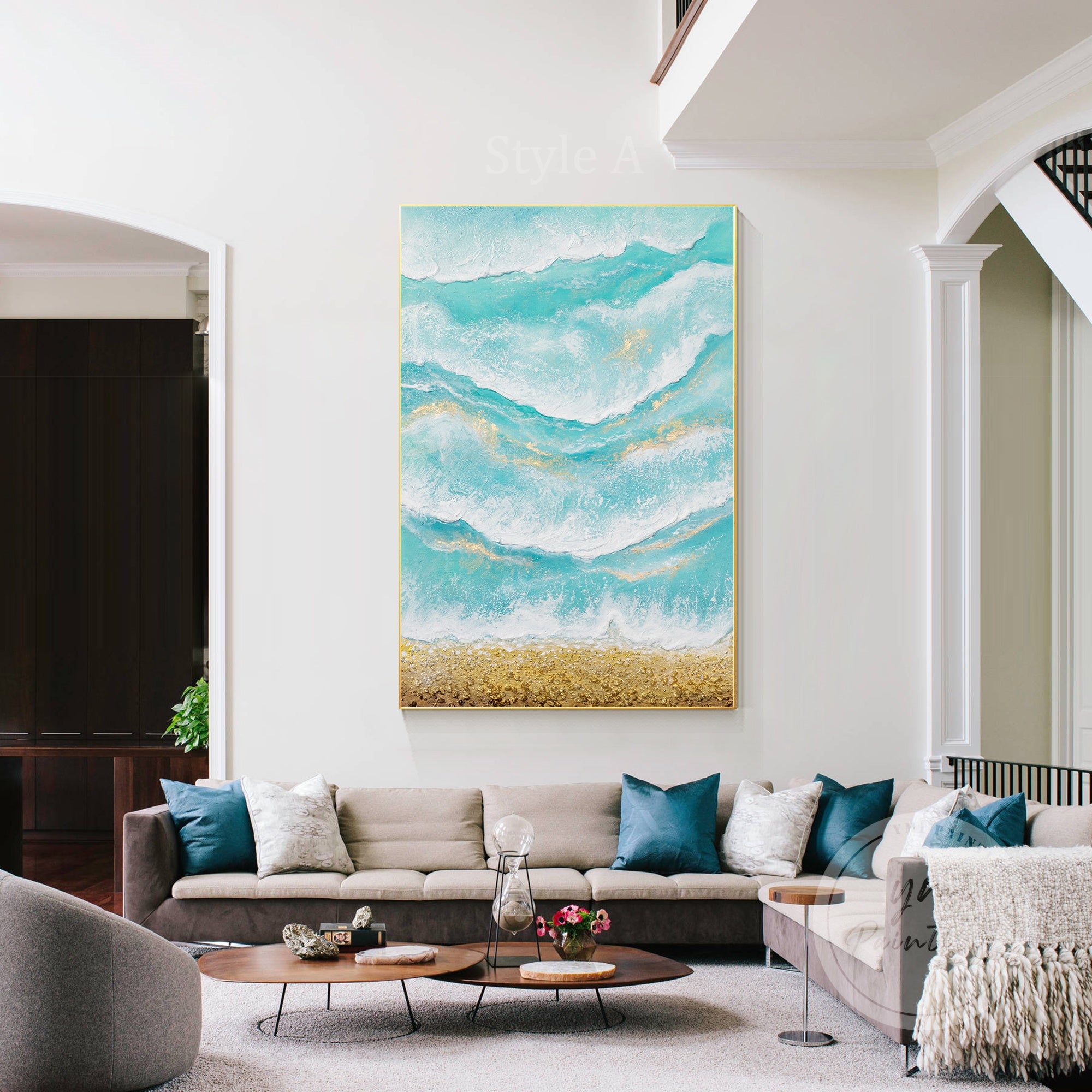 Abstract beach waves painting with golden sand