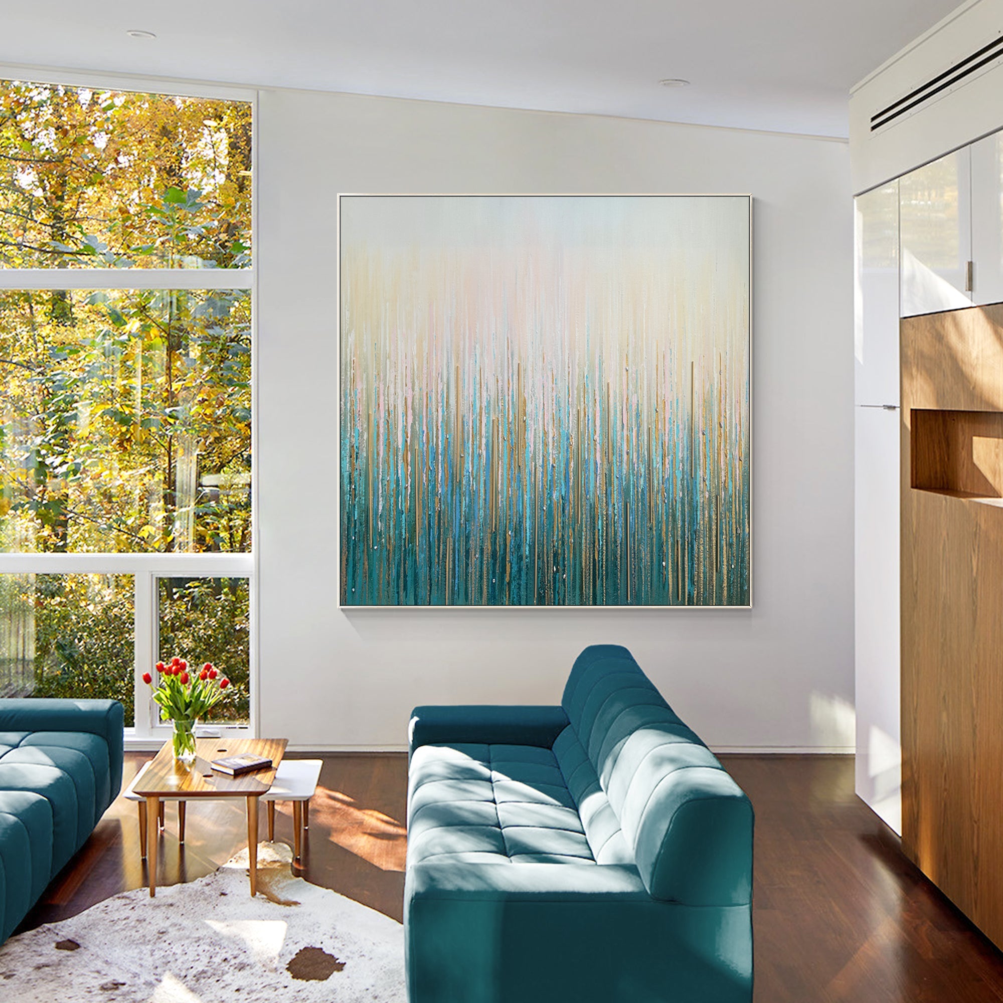 Abstract wall art featuring blue green and gold vertical lines