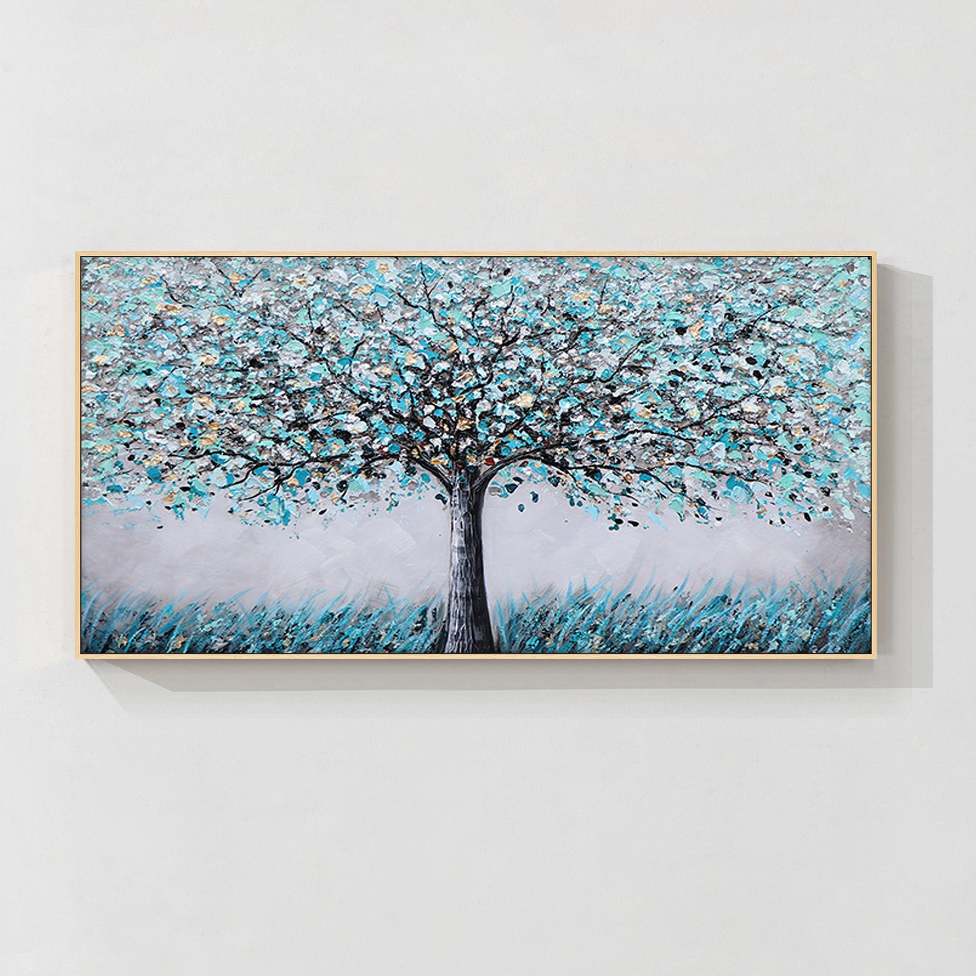 Abstract Blue and Gold Blooming Tree Wall Art on Canvas 1