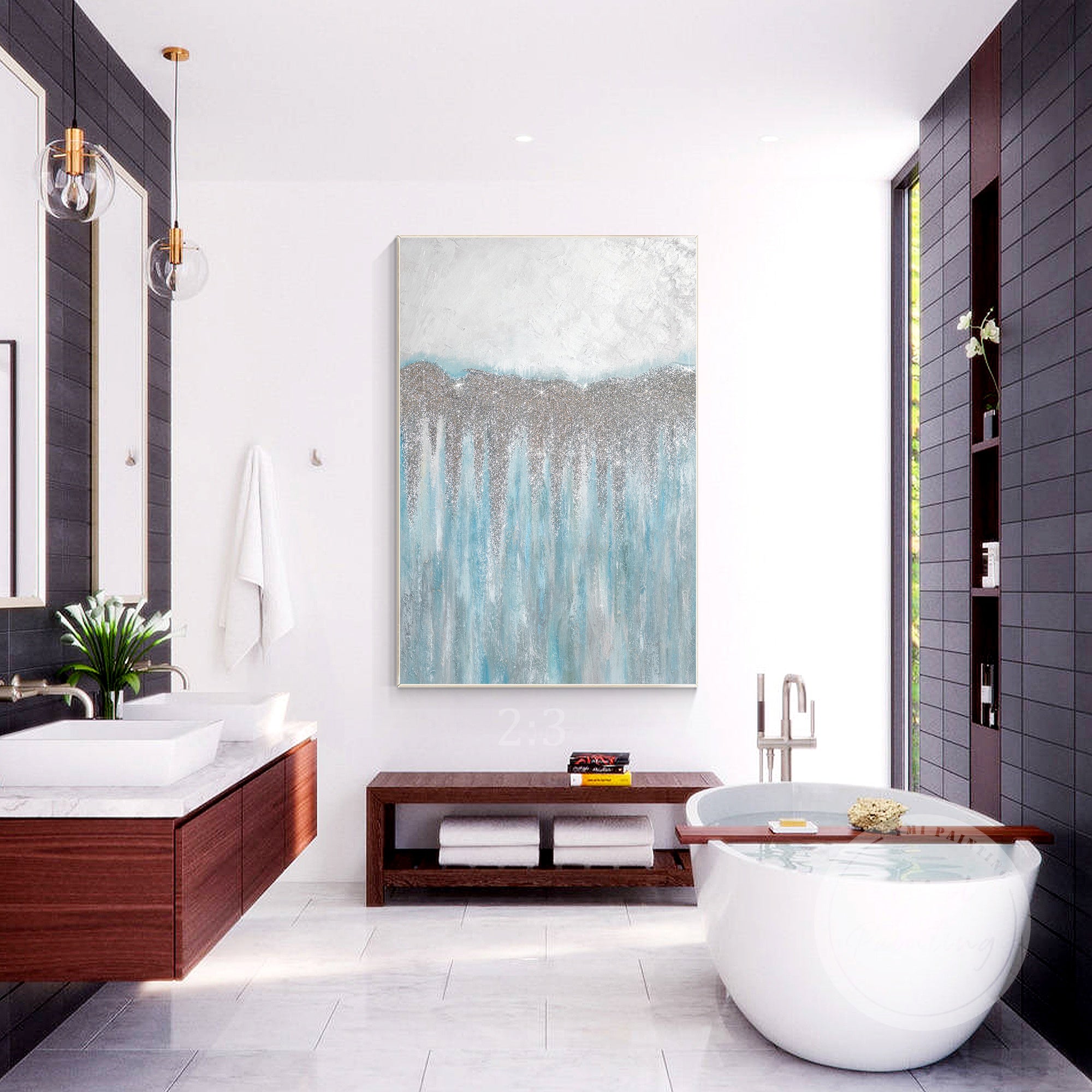 Abstract painting with blue and silver tones for bathroom.