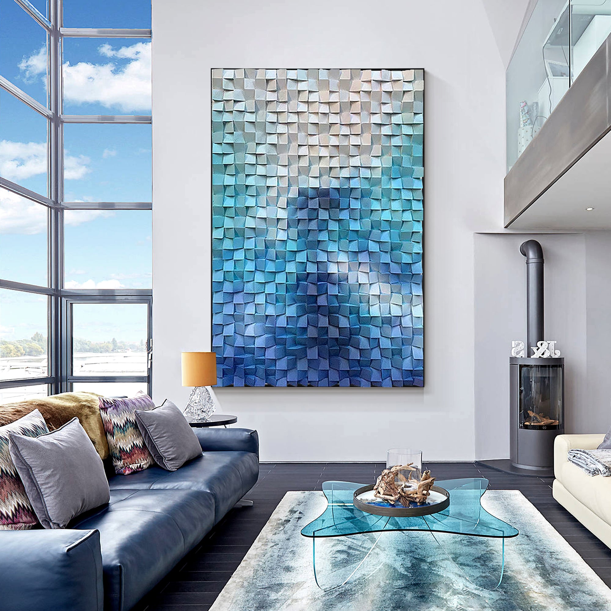 Geometric vertical wood painting with shades of blue and white, evoking the serene fluidity of sea waves.
