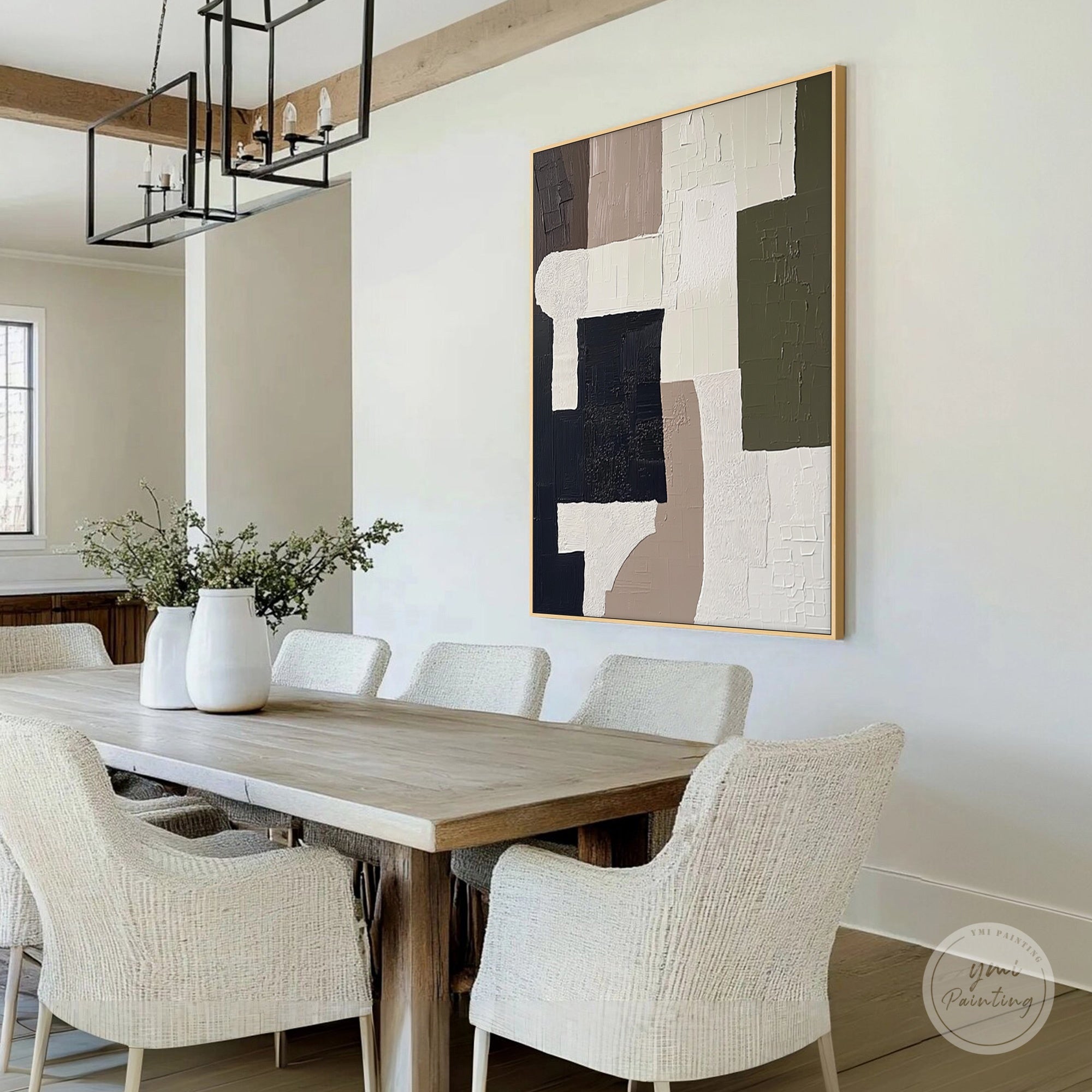 Abstract color block canvas wall art featured in a home dining room