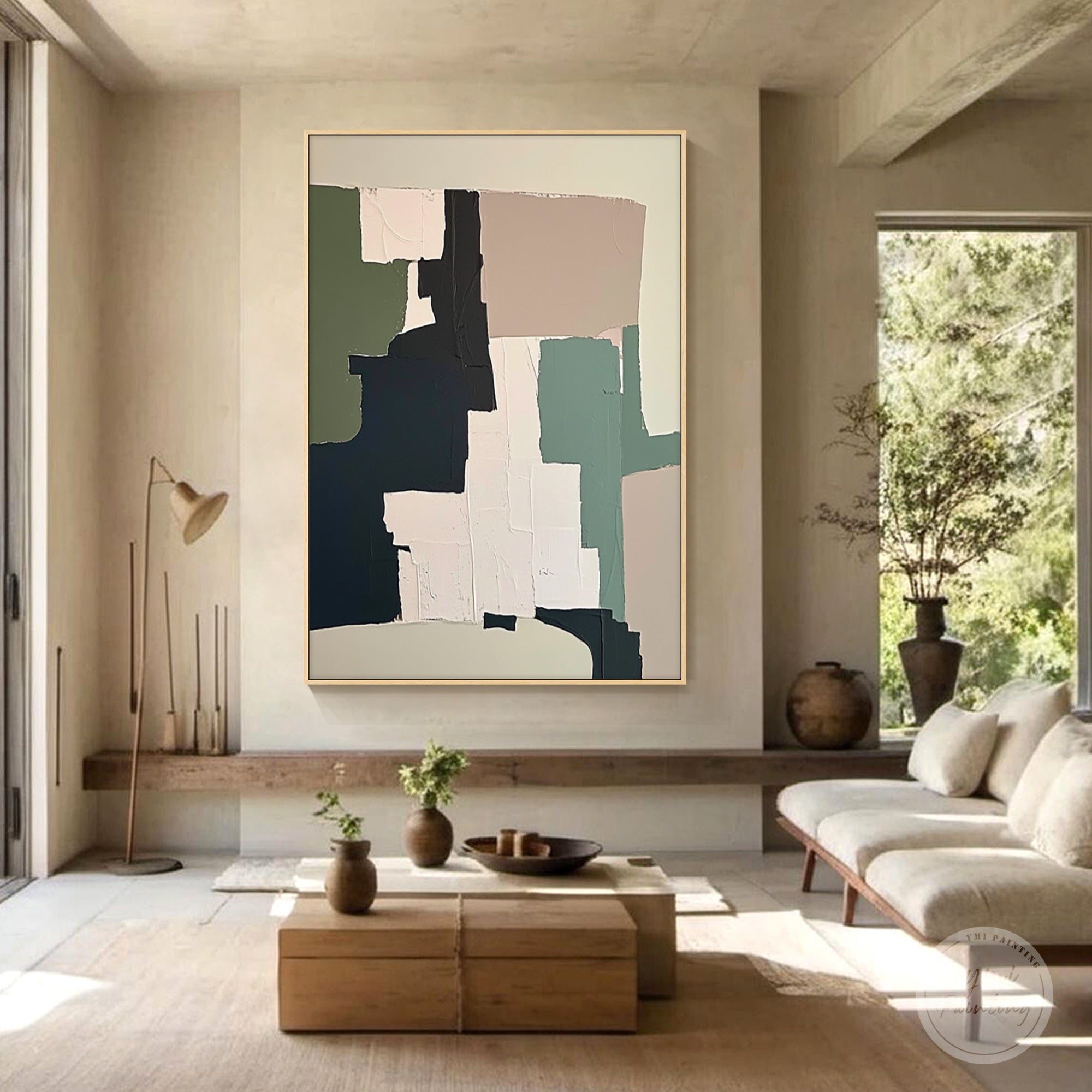 Abstract color block canvas wall art displayed in a modern living room