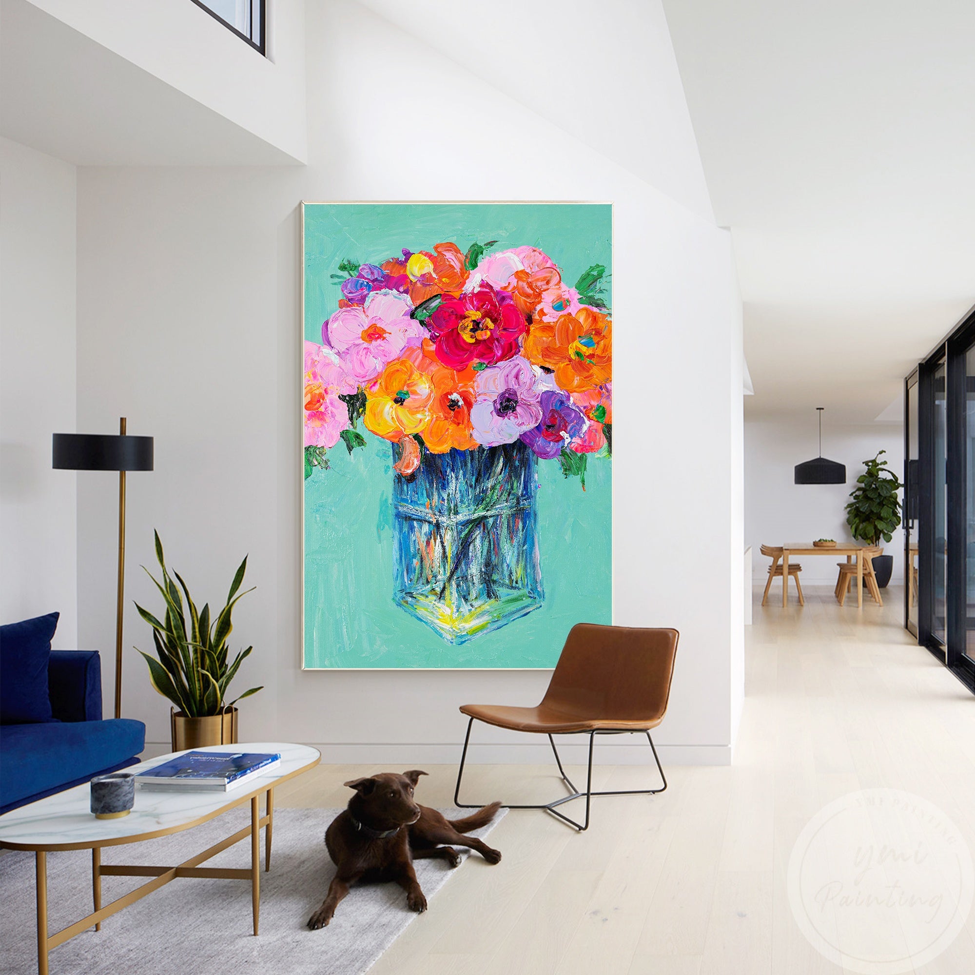 Infuse your home with life and energy with this colorful, abstract floral painting against a soft teal background.