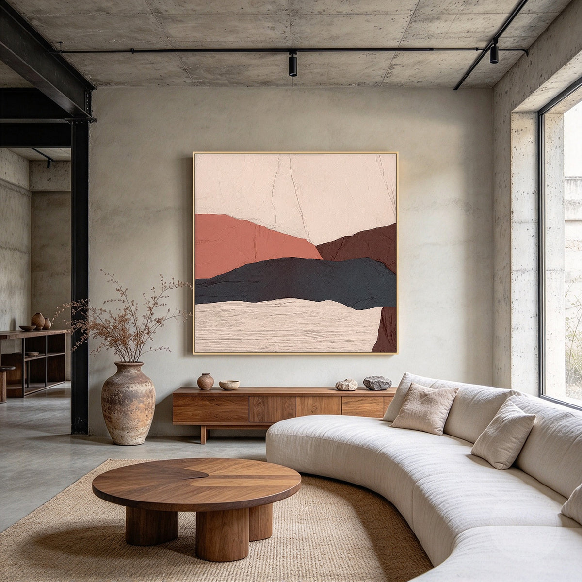 Minimalist mountain painting in blush beige, rust red, chocolate brown, and charcoal blue-gray.