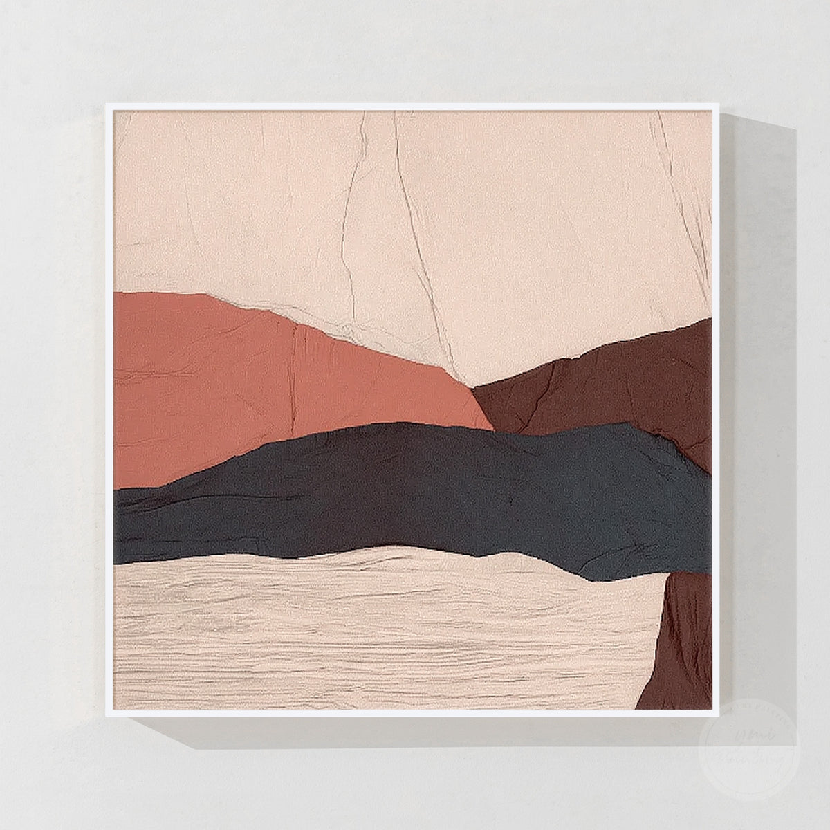 Terracotta abstract landscape wall art with layered mountain shapes and earth tone colors.