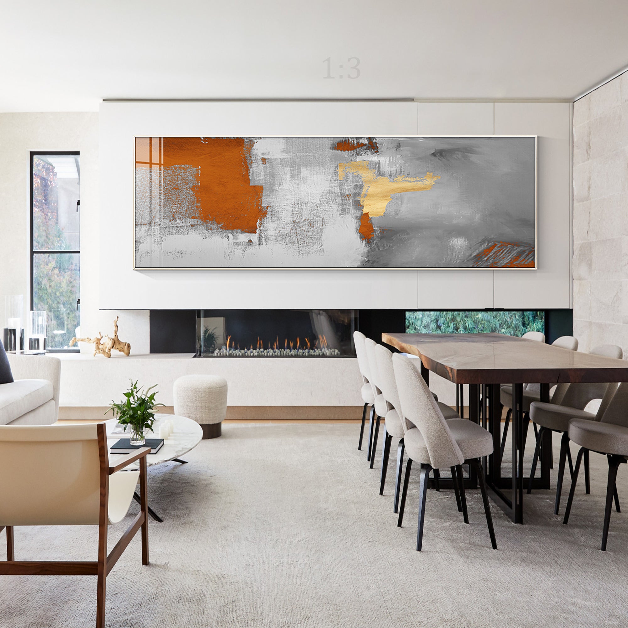 Abstract painting in gray, white, and orange with gold accents on canvas decor your modern living room.