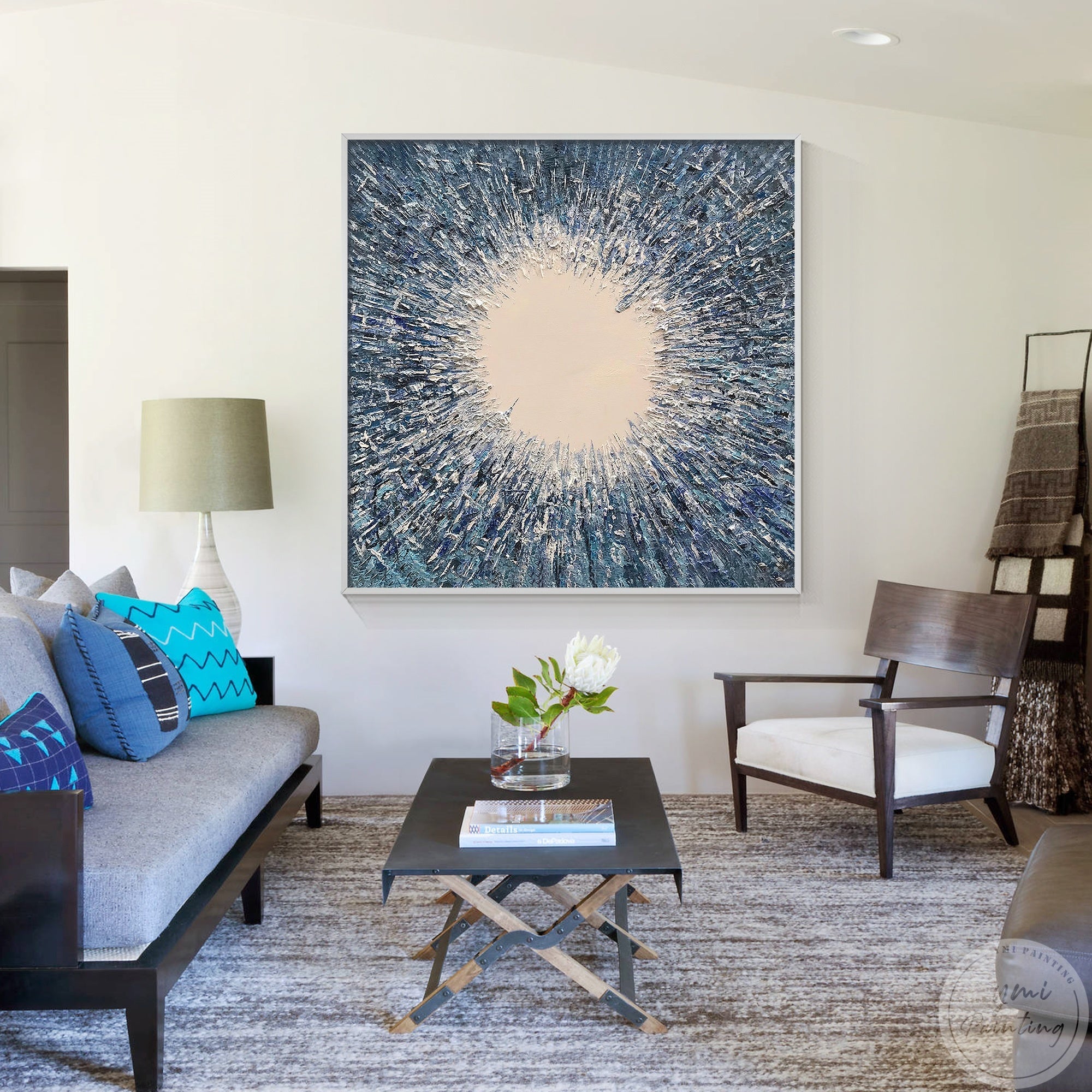 This abstract expressionist painting with cool navy blue, silver, and beige hues, adding a touch of modern sophistication and dynamic energy to any space.