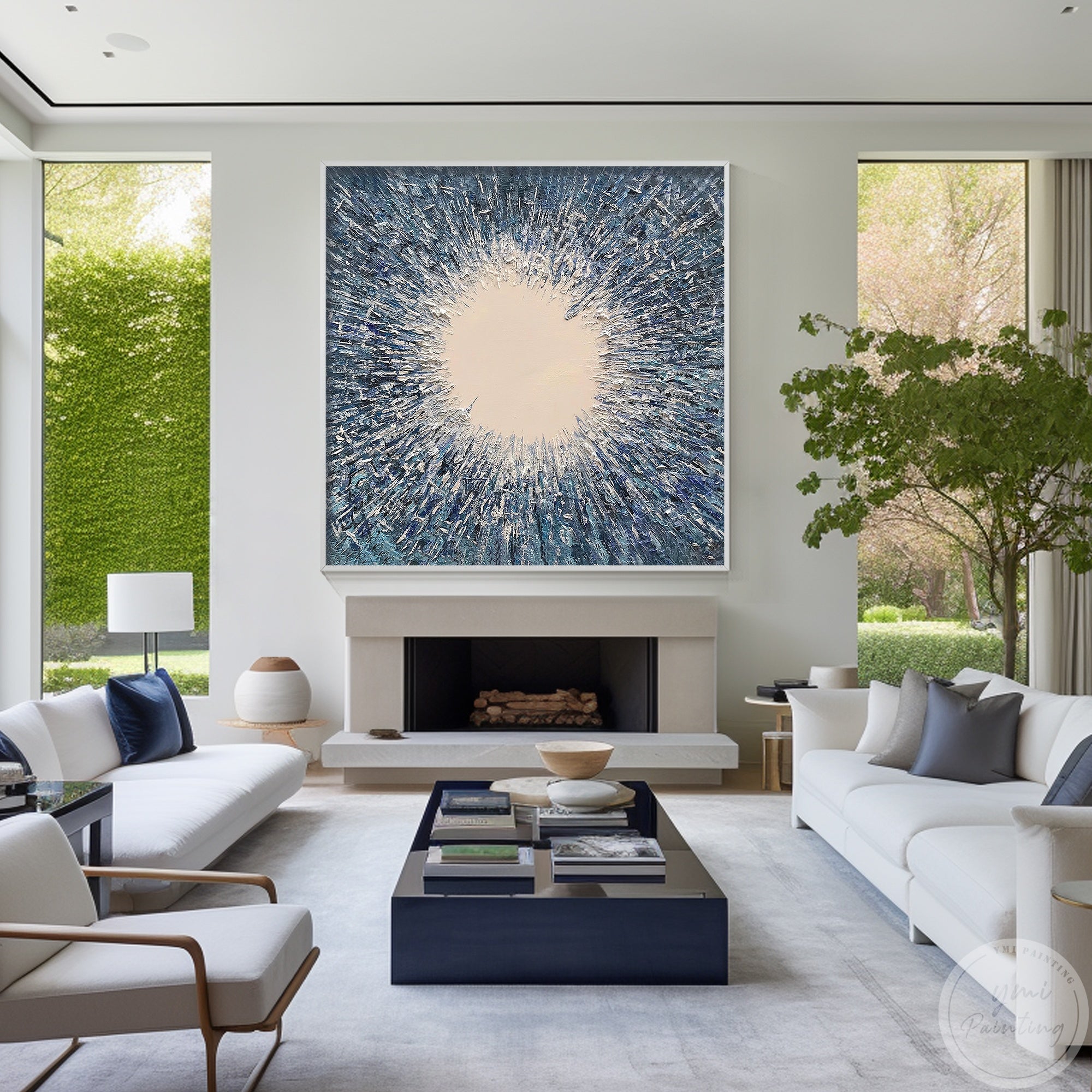 Modern abstract painting featuring a light beige circle surrounded by navy blue and silver, creating a dynamic, energy-filled composition perfect for contemporary living rooms and bedrooms.