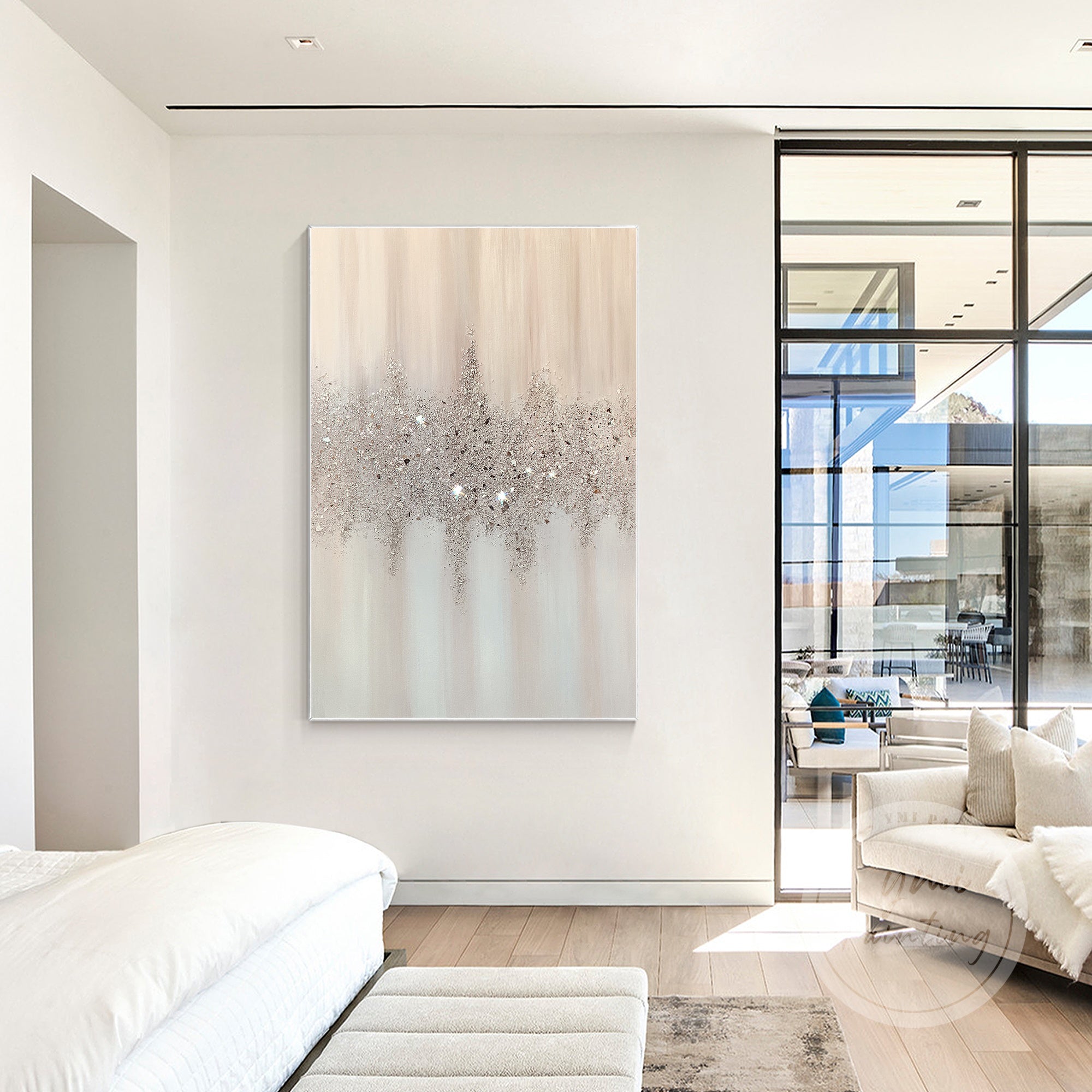 Elegant pastel abstract art with silver accents and crushed glass