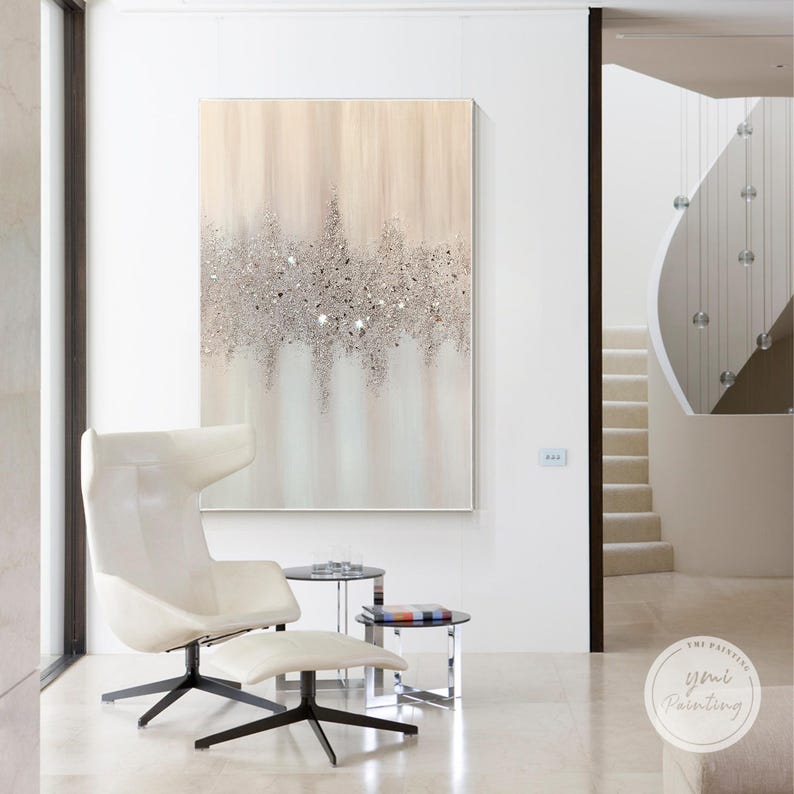 Elegant pastel abstract art with silver accents and crushed glass